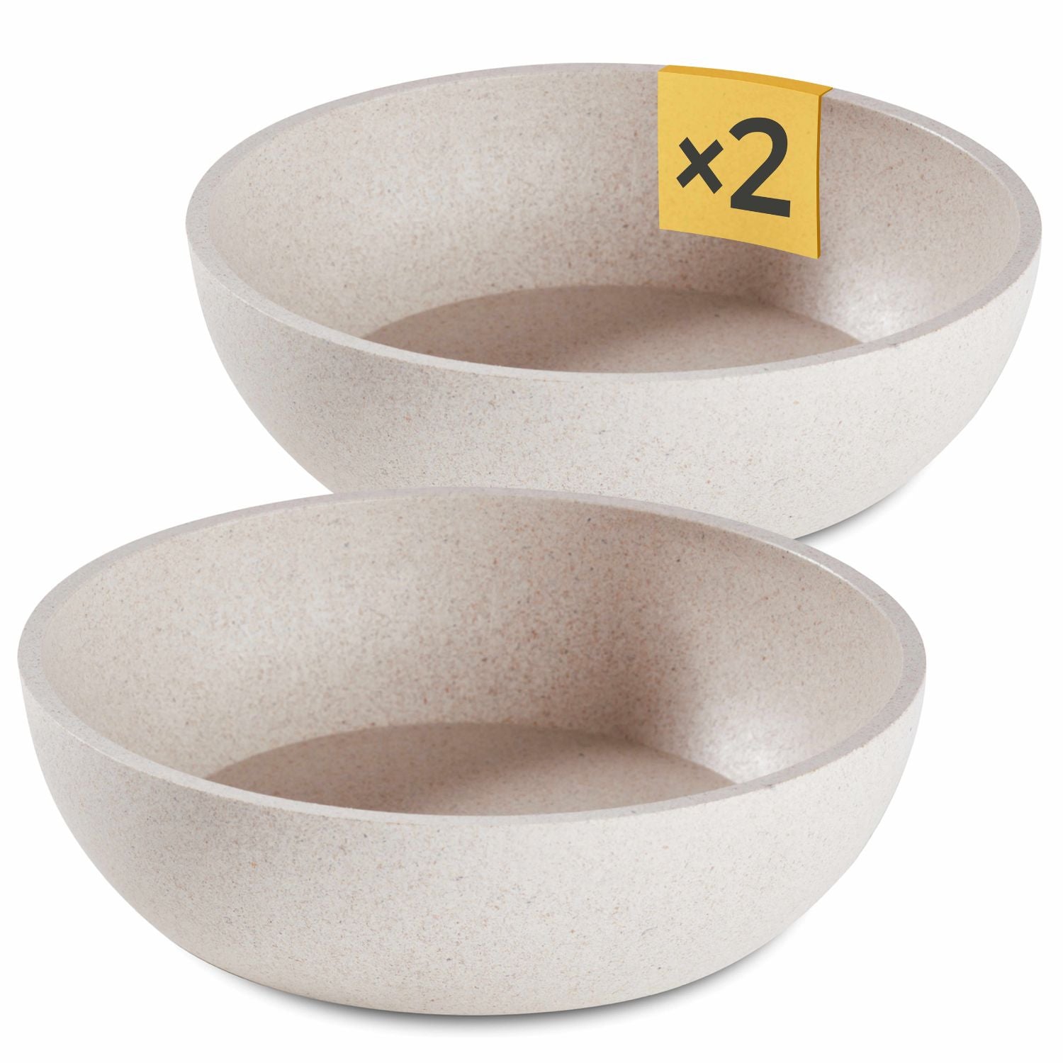 Set aus zwei Runden Hundenäpfen aus nachhaltigem Material, hergestellt aus 50 % Bambus und 50 % recyceltem Polypropylen, in schlichter, beiger Steinoptik.