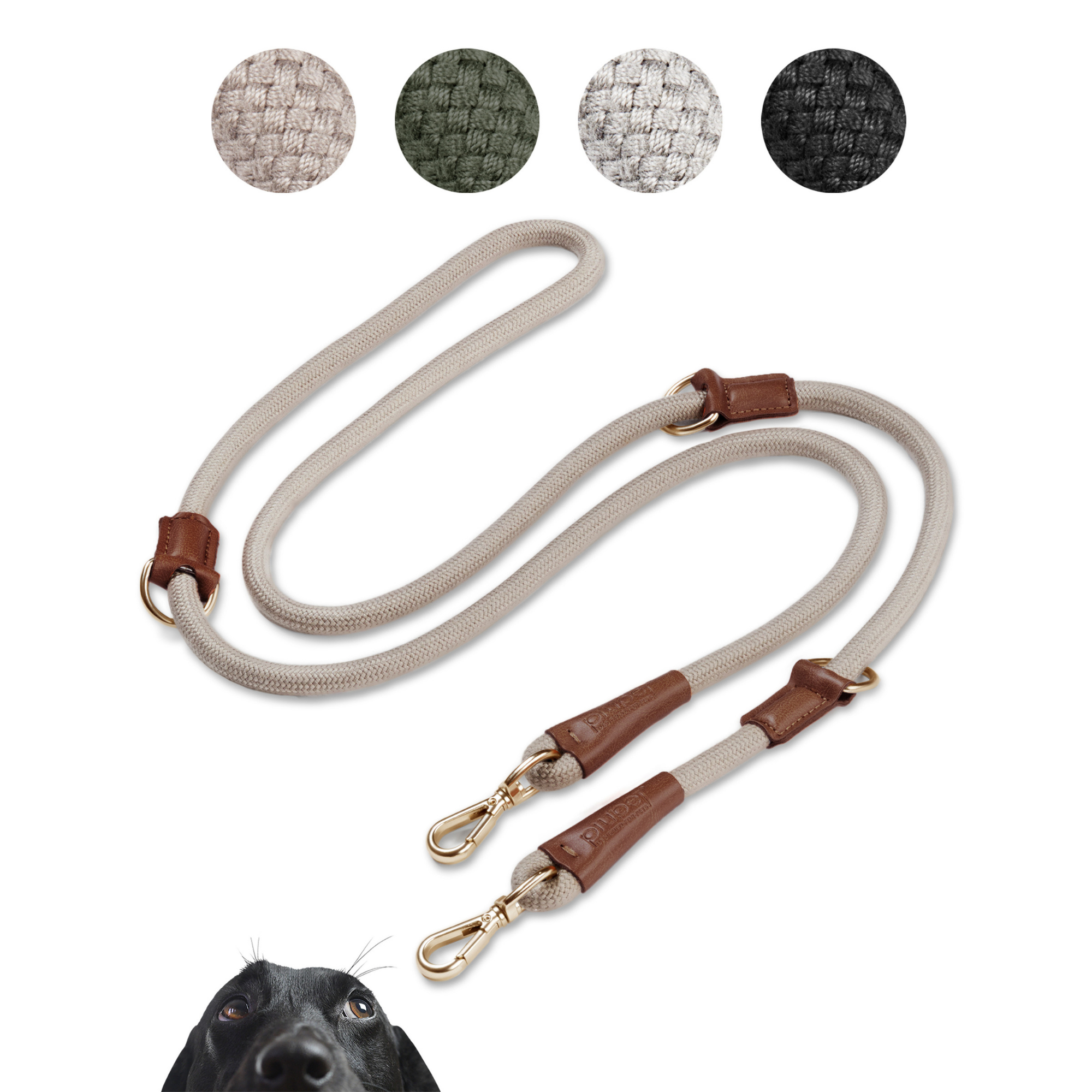 Hundeleine in Beige, verstellbar in 3 Längen mit Karabiner