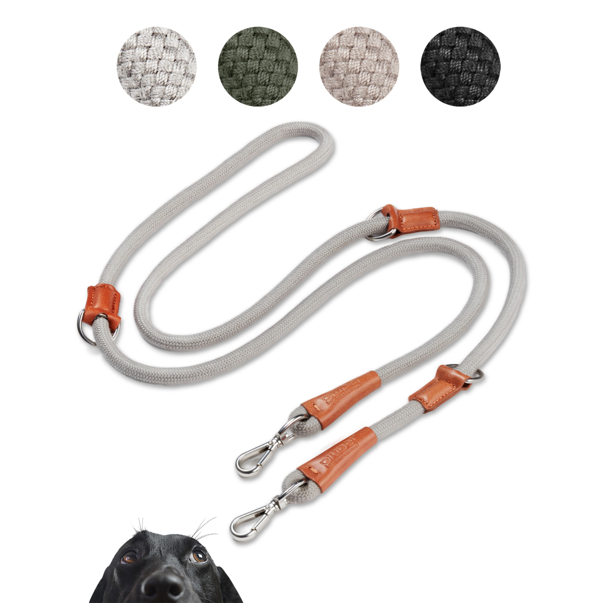 Hundeleine in Grau, verstellbar in 3 Längen mit Karabiner