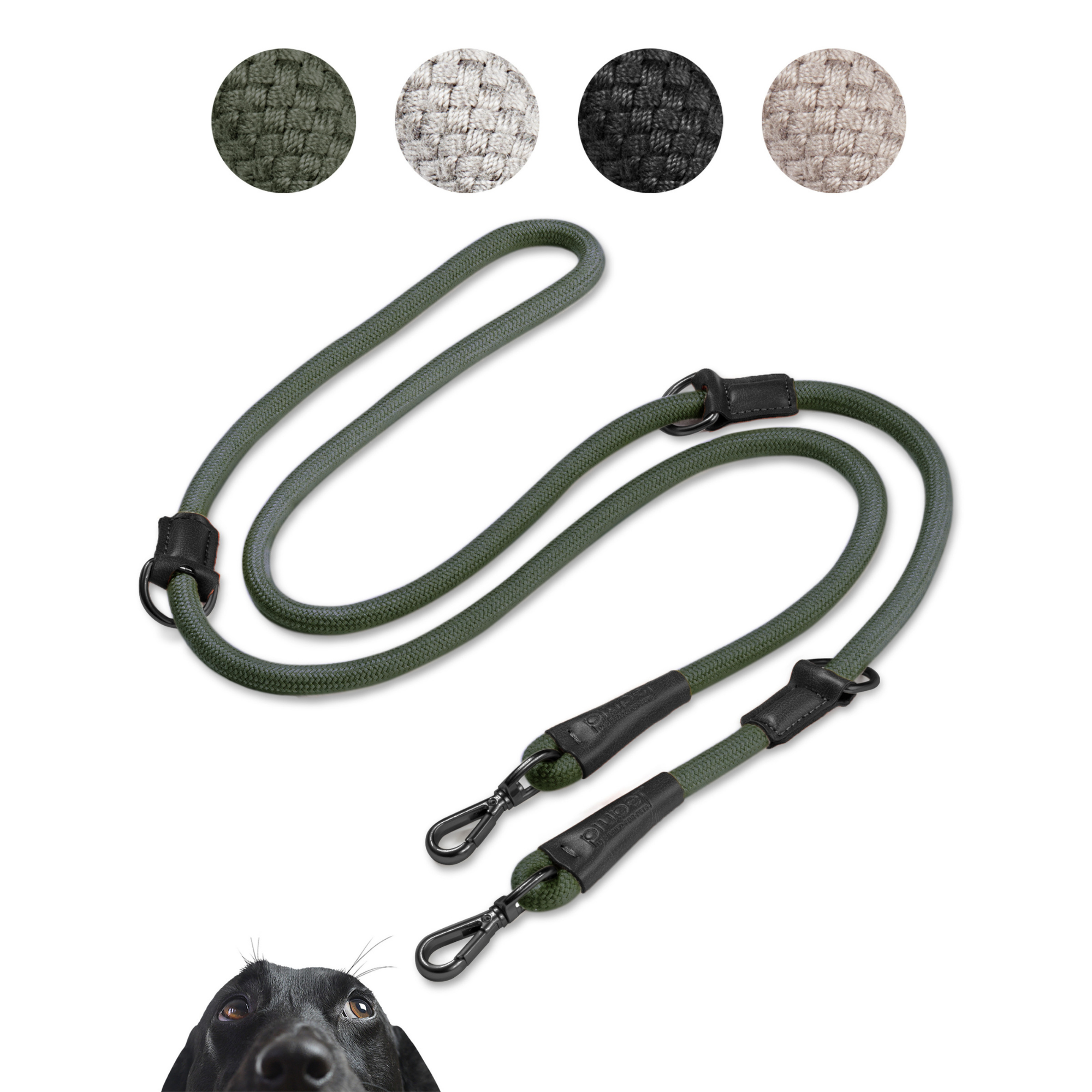 Hundeleine in Grün, verstellbar in 3 Längen mit Karabiner