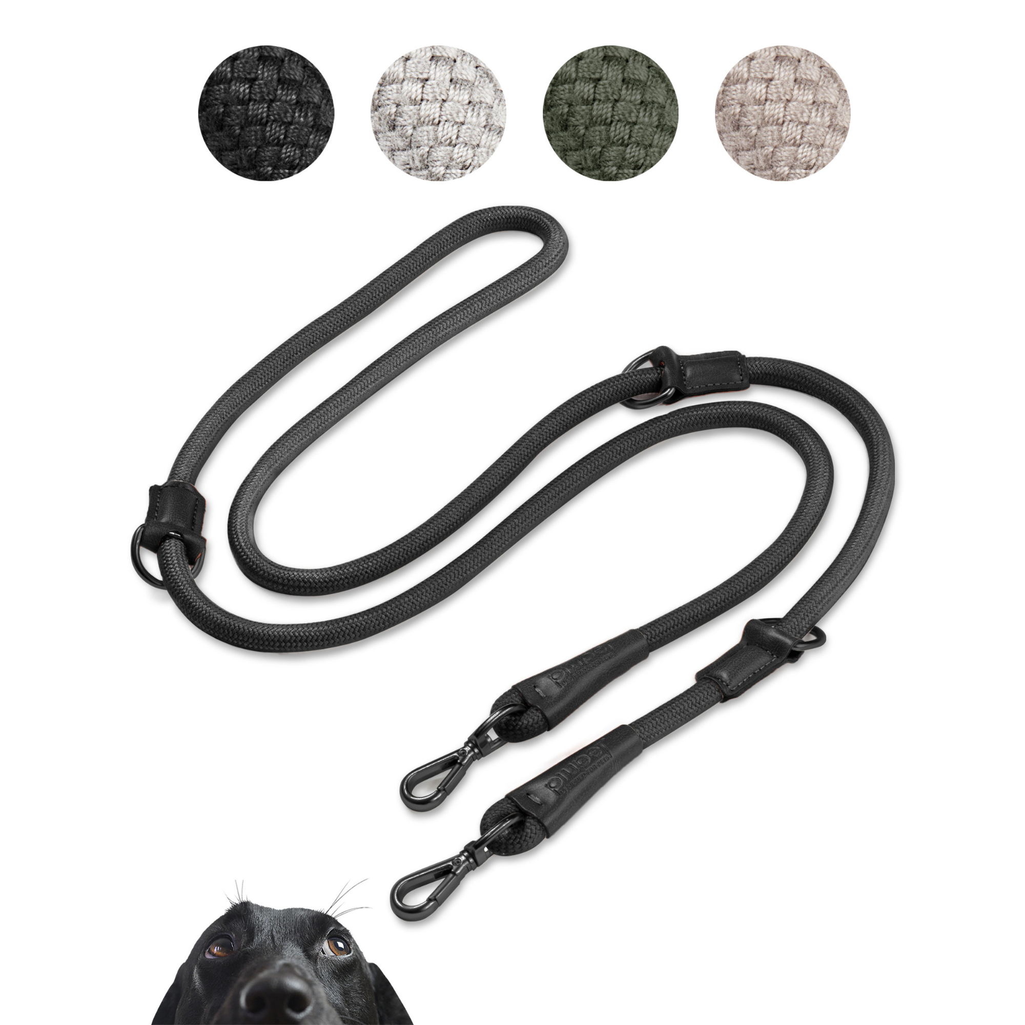 Hundeleine in Schwarz, verstellbar in 3 Längen mit Karabiner