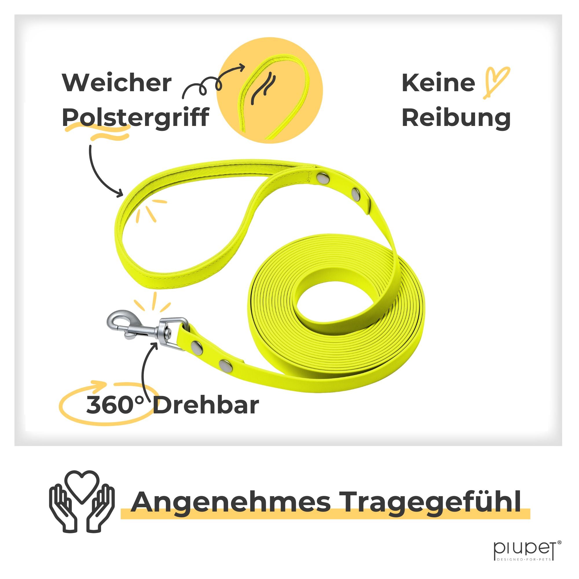 Neongelbe Schleppleine mit Polstergriff und drehbarem Karabiner.