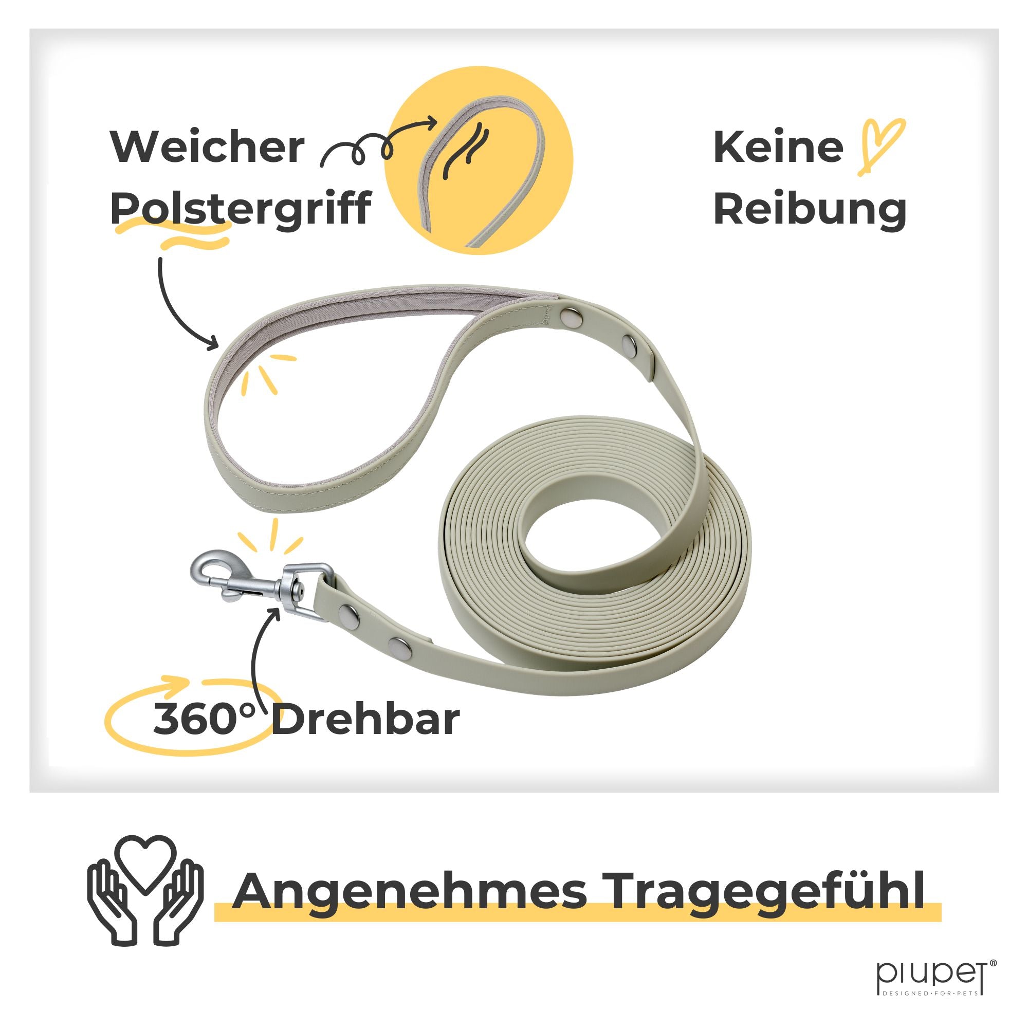 Graue Schleppleine mit Polstergriff und drehbarem Karabiner.