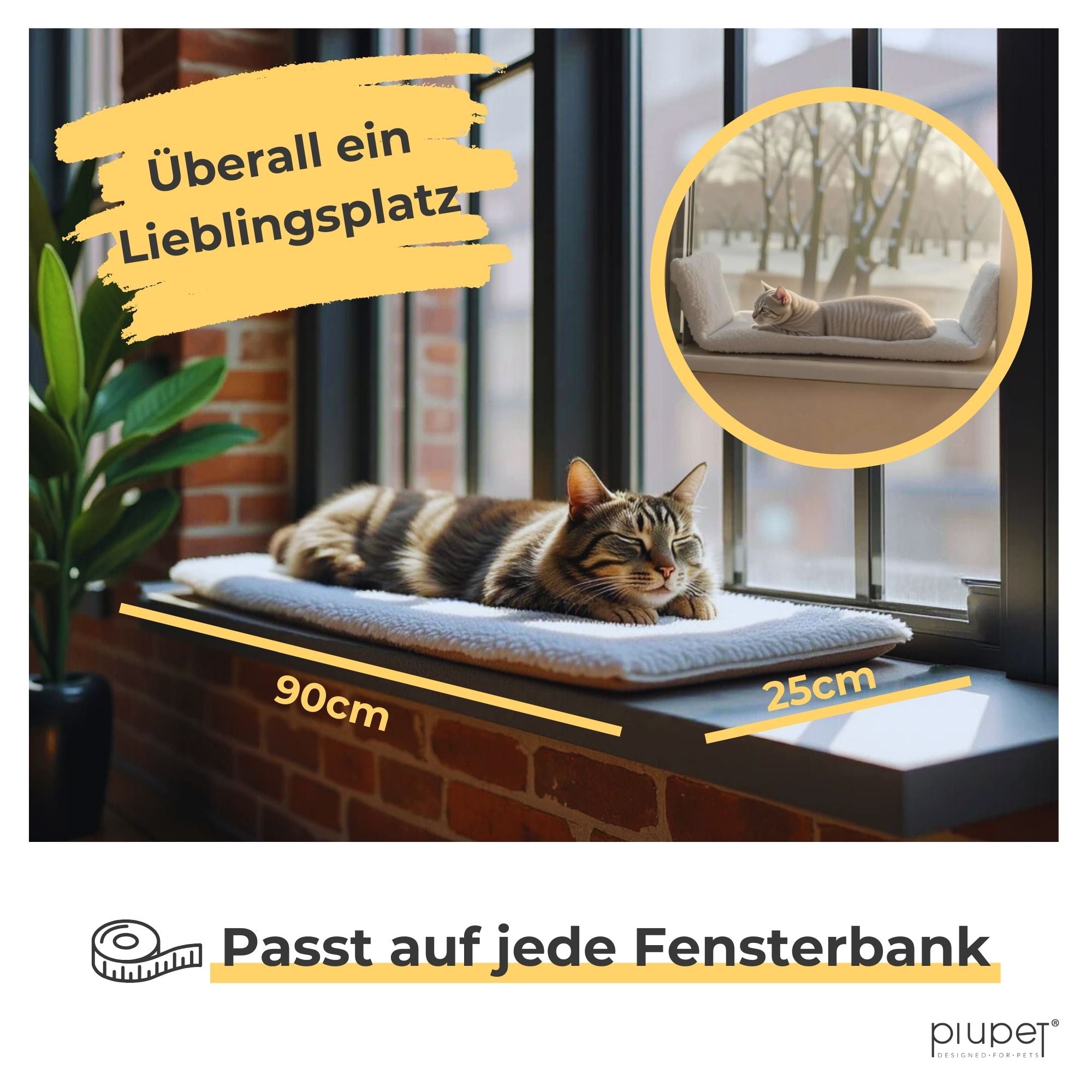 Katze liegt entspannt auf einer 90x25 cm Fensterbankdecke – passt auf jede Fensterbank und wird zum Lieblingsplatz
