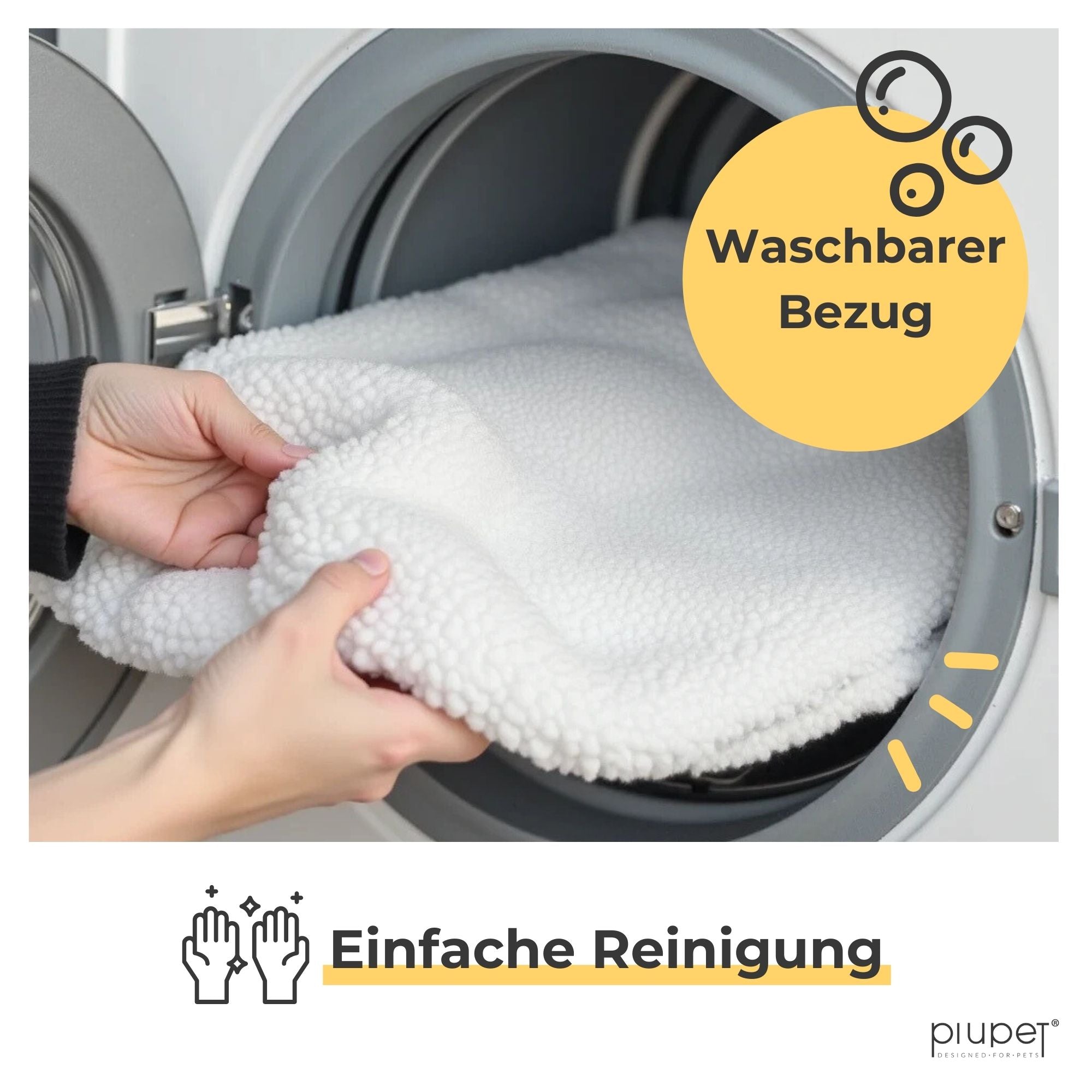 Fensterbankdecke wird in die Waschmaschine gelegt - für Katzen mit waschbarem Bezug – einfache Reinigung in der Waschmaschine