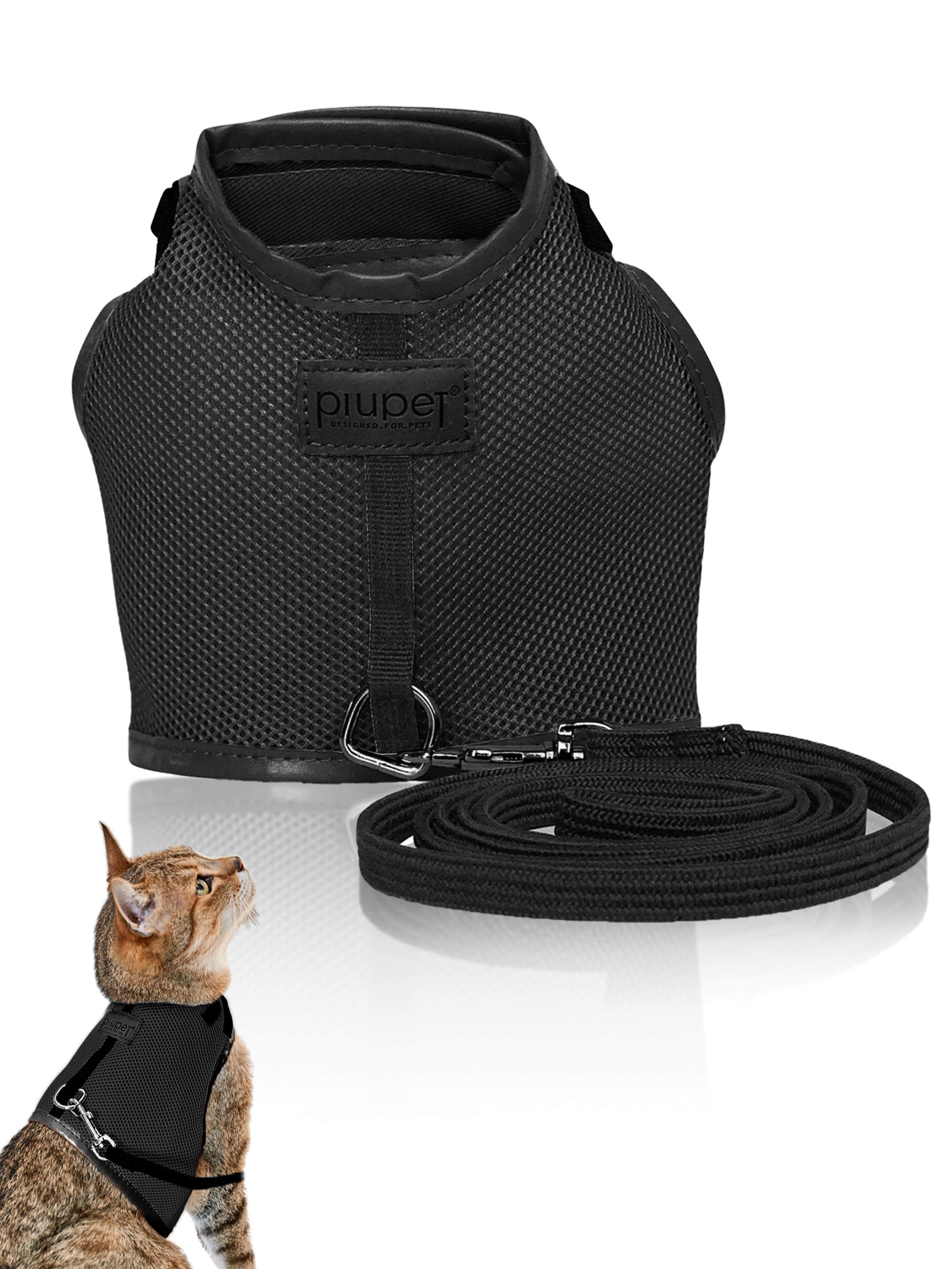Schwarzes Katzengeschirr aus Stoff mit schwarzen Leder Highlights und schwarzer Leine #farbe_schwarz