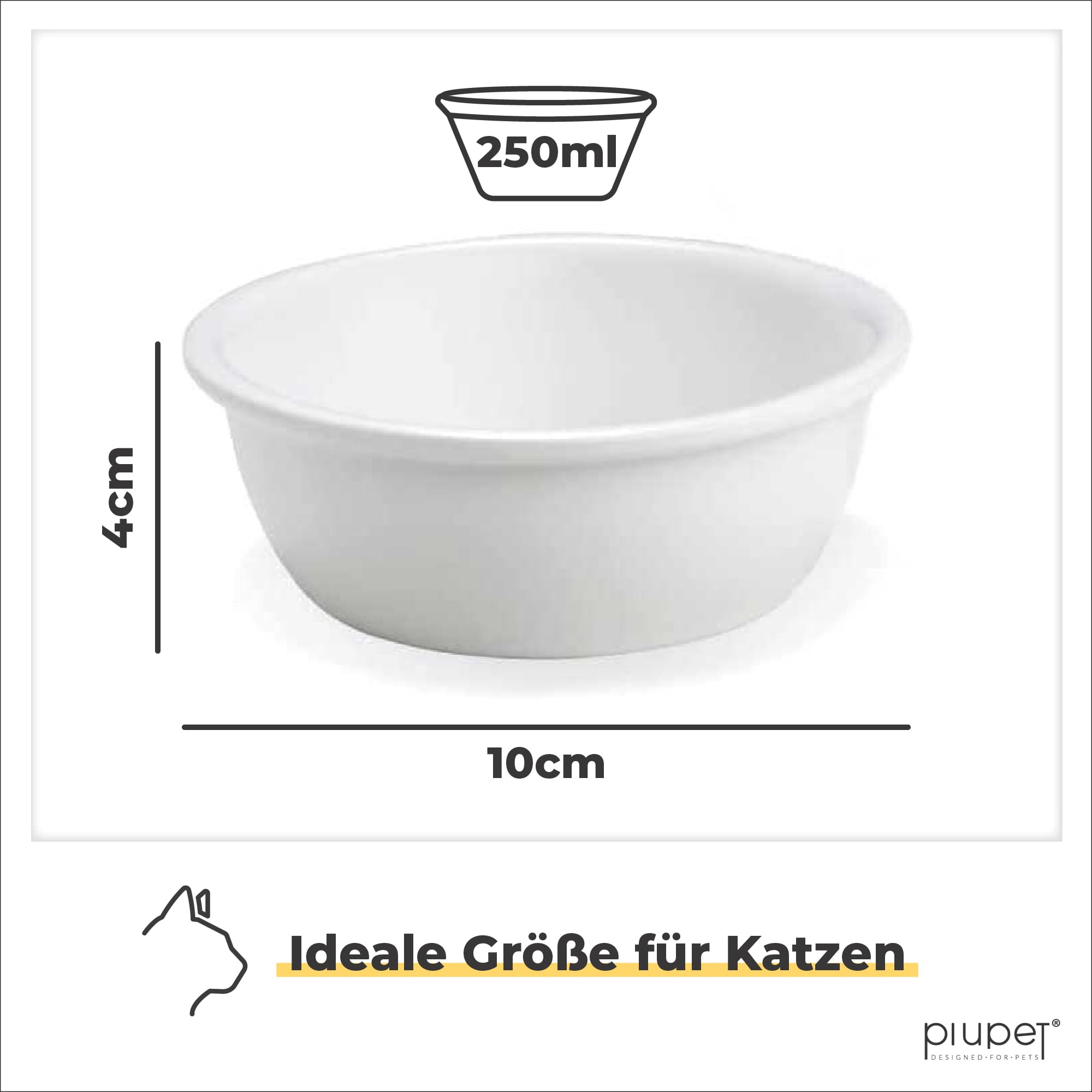 Weiße Keramikschale für Katzen mit 250 ml Volumen, 10 cm Durchmesser und 4 cm Höhe