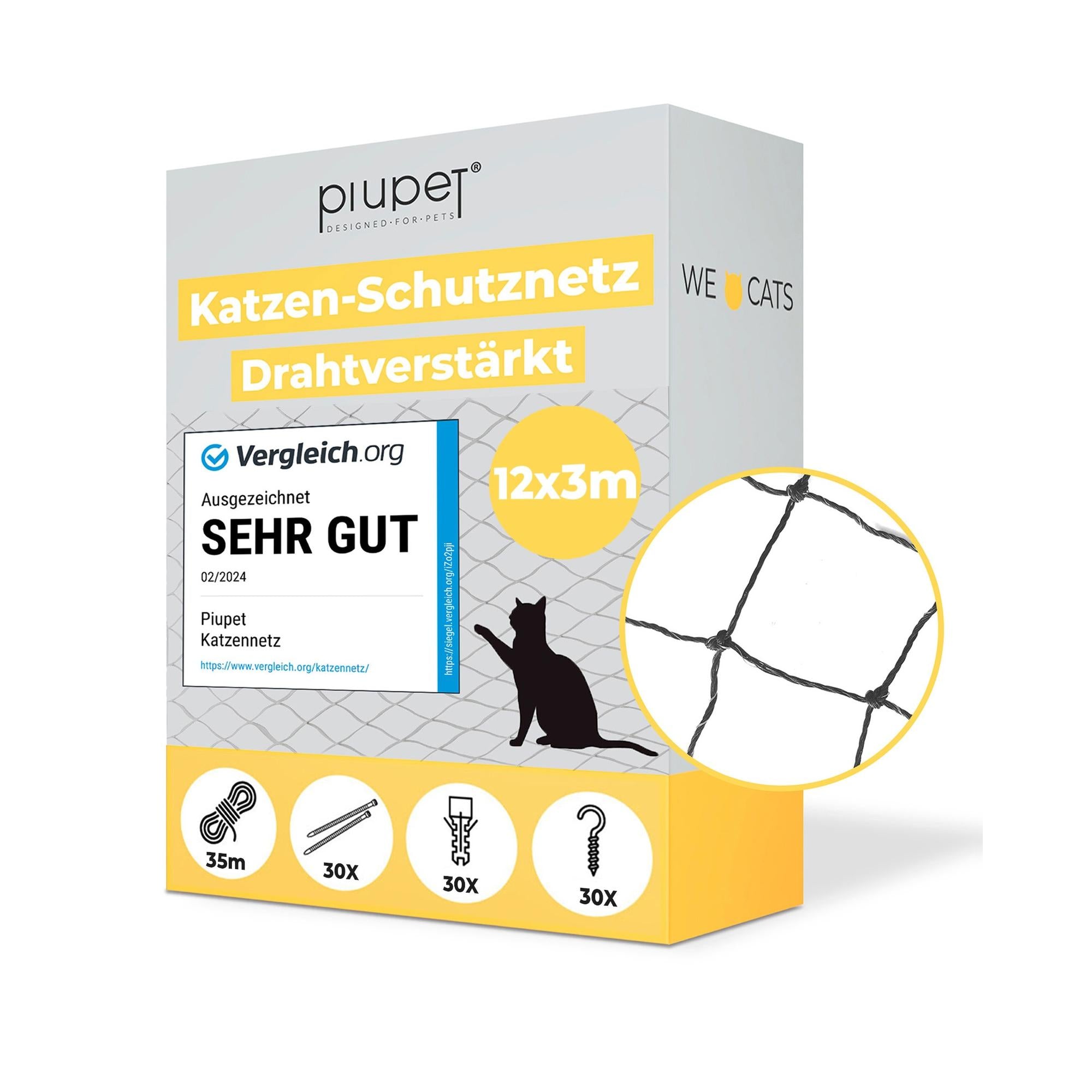 Produktverpackung Piupet Katzenschutznetz 12x3 m in schwarz, drahtverstärkt, ausgezeichnet mit ‚Sehr gut‘ von Vergleich.org. #farbe_schwarz