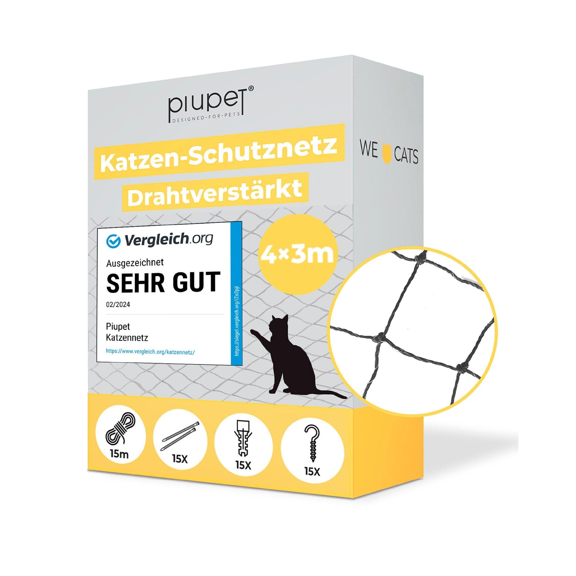Produktverpackung Piupet Katzenschutznetz 4x3 m in schwarz, drahtverstärkt, ausgezeichnet mit ‚Sehr gut‘ von Vergleich.org.