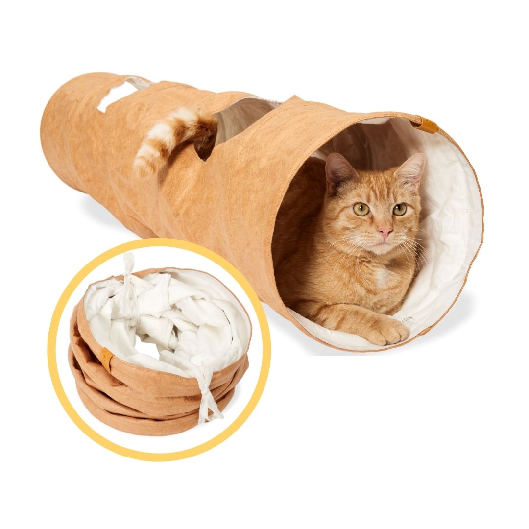 Katzentunnel mit Katze drin. Nebendran ein Ausschnitt, wie der Tunnel zusammengefaltet aussieht