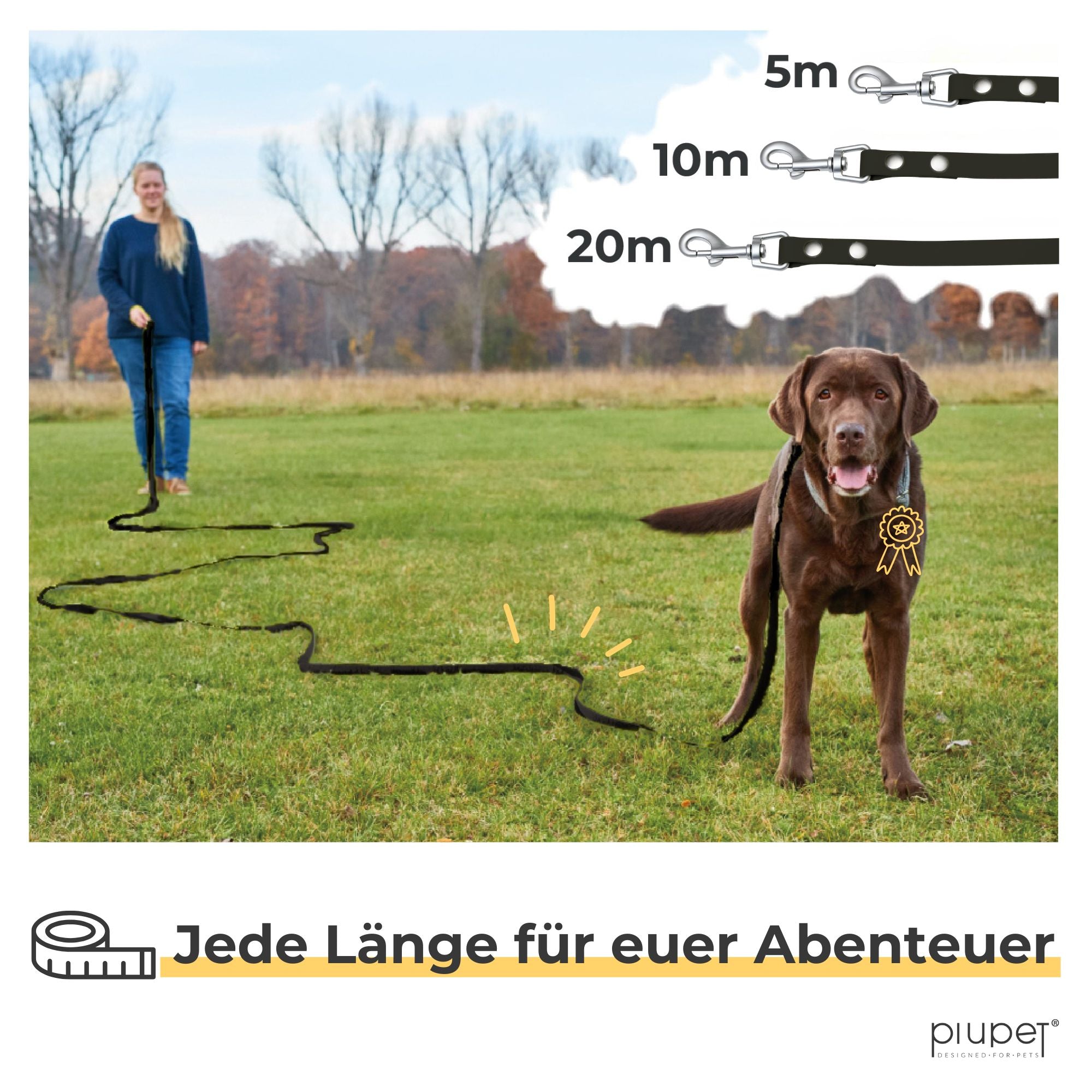 Brauner Hund mit Schleppleine auf einer Wiese, Frauchen hält das Ende der Leine. Die Leine ist in 5, 10 und 20 Metern erhältlich.