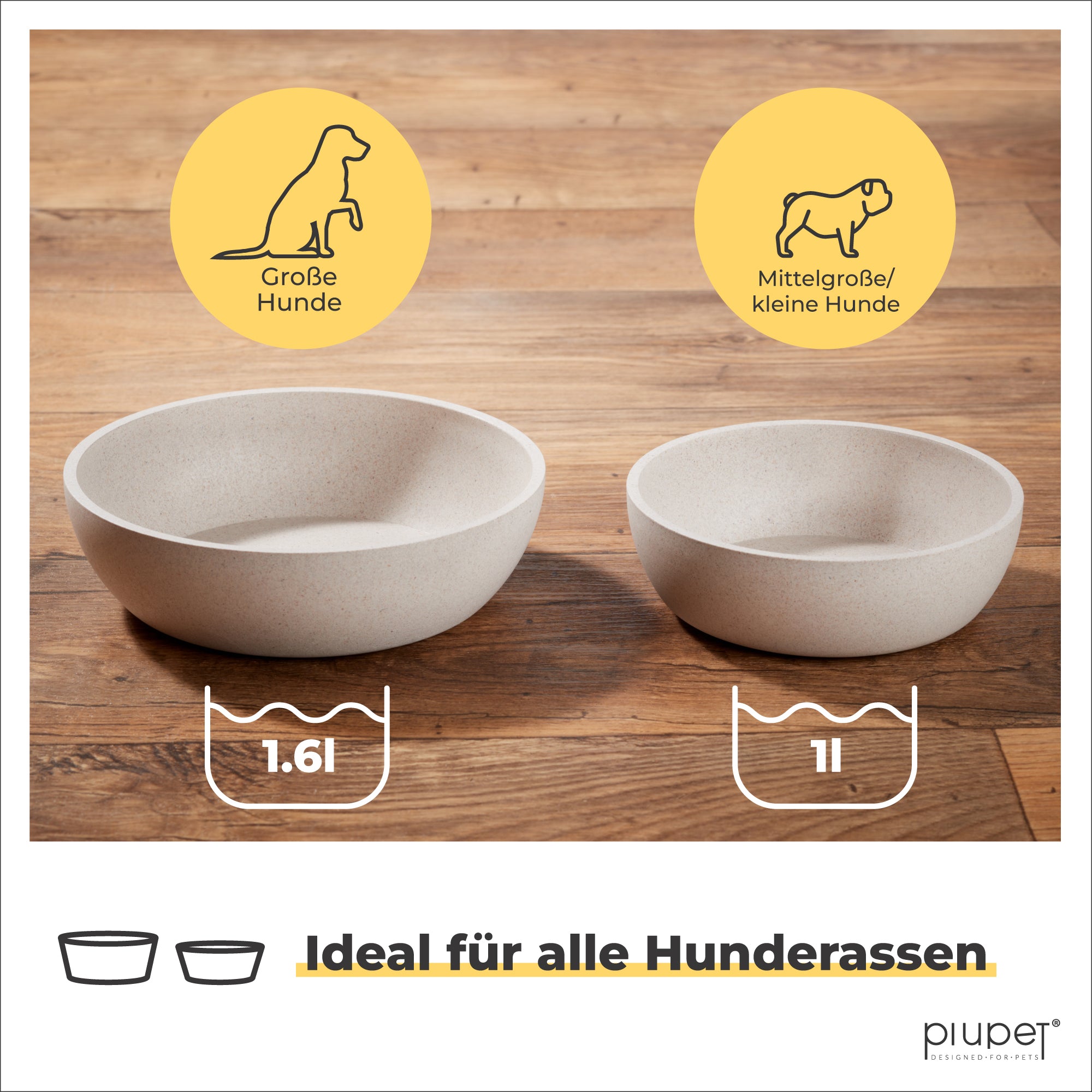 Zwei nachhaltige Hundenäpfe in beige auf Holzboden. Links großer Napf mit 1,6 Litern für große Hunde, rechts kleiner Napf mit 1 Liter für mittelgroße und kleine Hunde. Text: Ideal für alle Hunderassen.