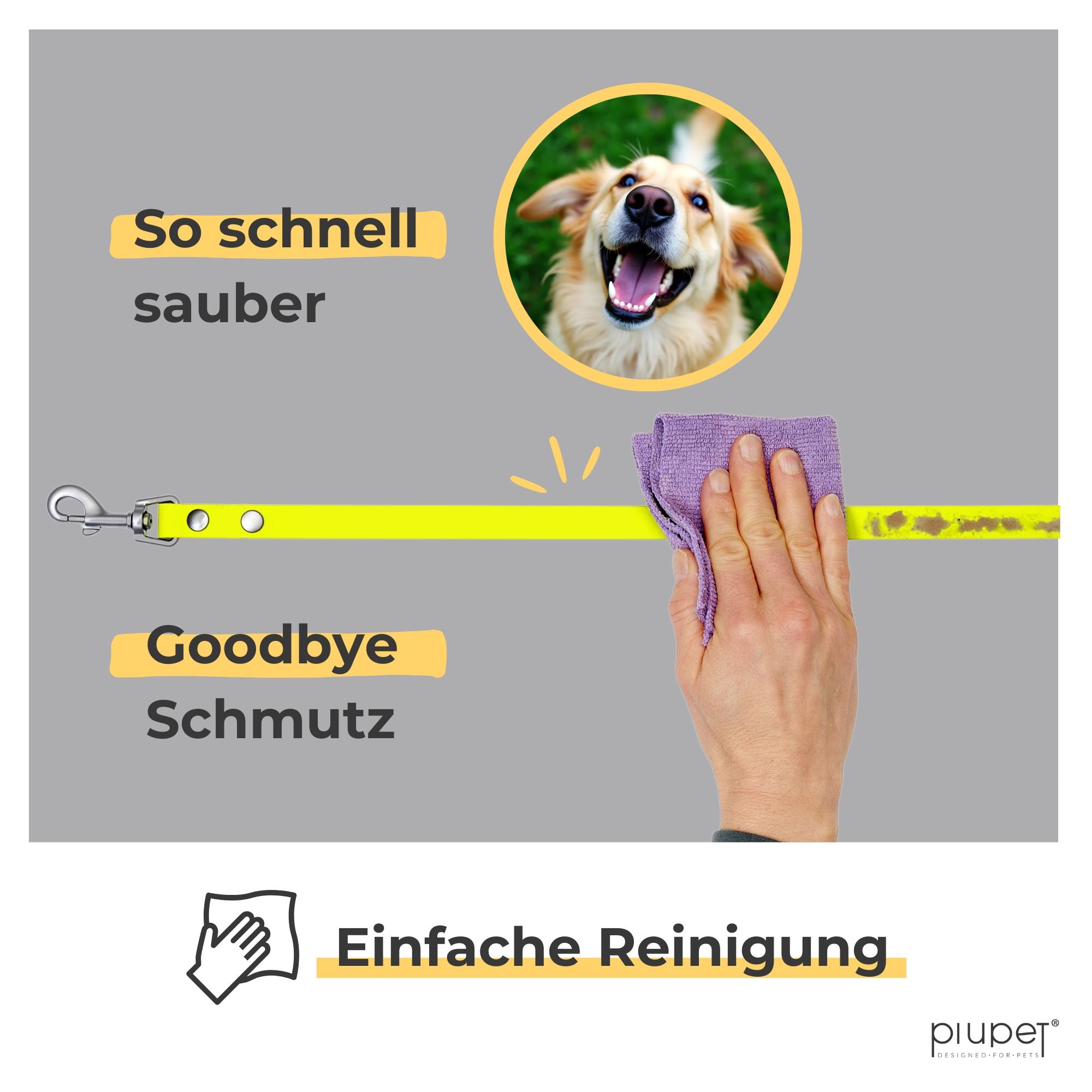 Eine Hand wischt mit einem Tuch die Schleppleine sauber. Oben ist ein fröhlicher Hundekopf zu sehen.