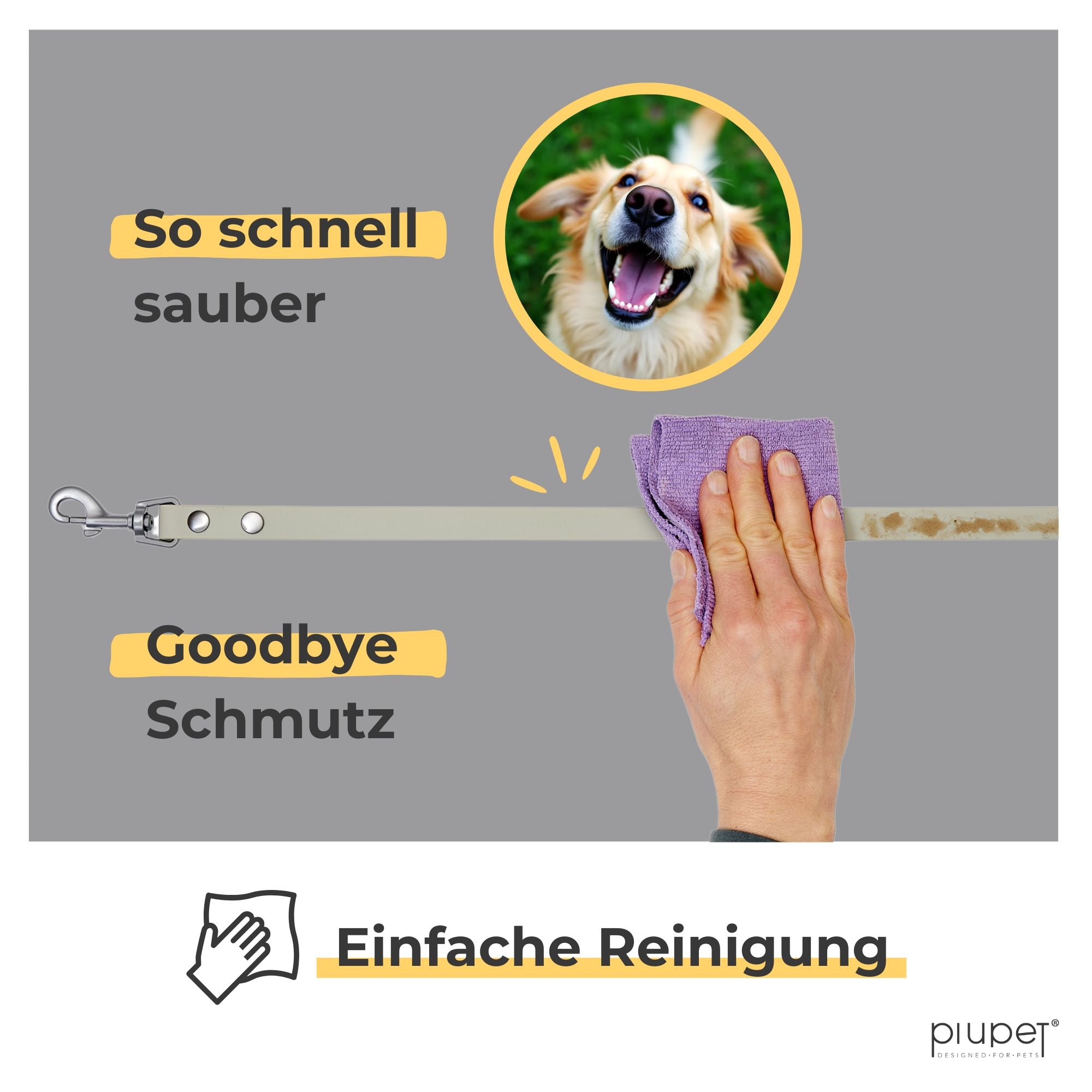 Eine Hand wischt mit einem Tuch die Schleppleine sauber. Oben ist ein fröhlicher Hundekopf zu sehen.