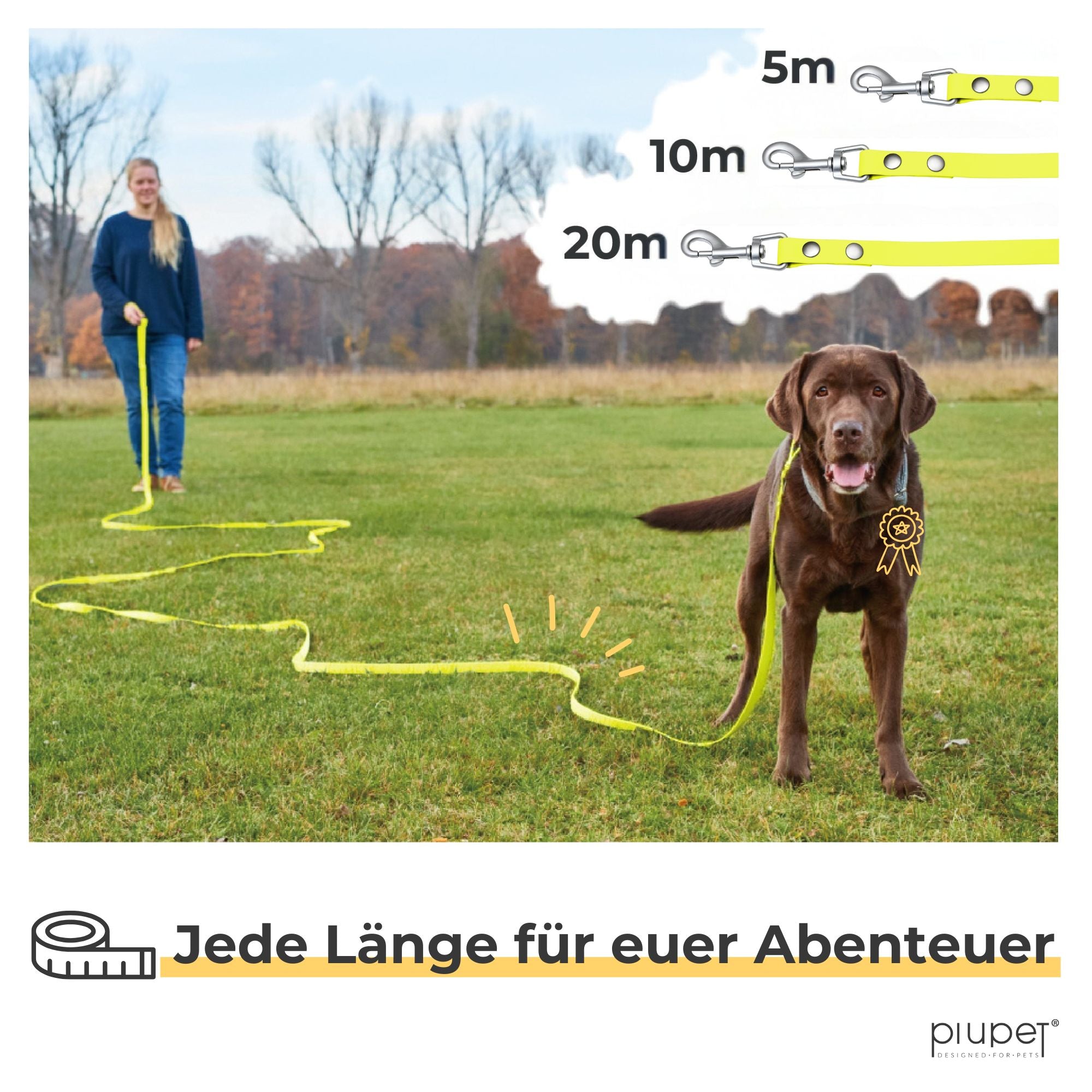 Brauner Hund mit Schleppleine auf einer Wiese, Frauchen hält das Ende der Leine. Die Leine ist in 5, 10 und 20 Metern erhältlich.