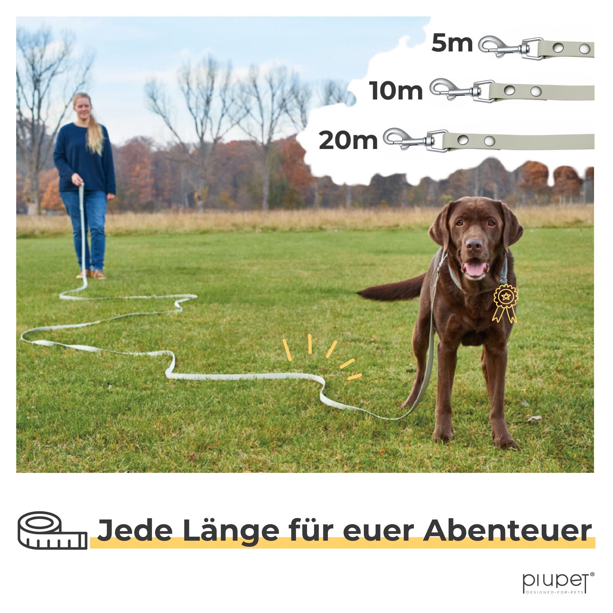 Brauner Hund mit Schleppleine auf einer Wiese, Frauchen hält das Ende der Leine. Die Leine ist in 5, 10 und 20 Metern erhältlich.