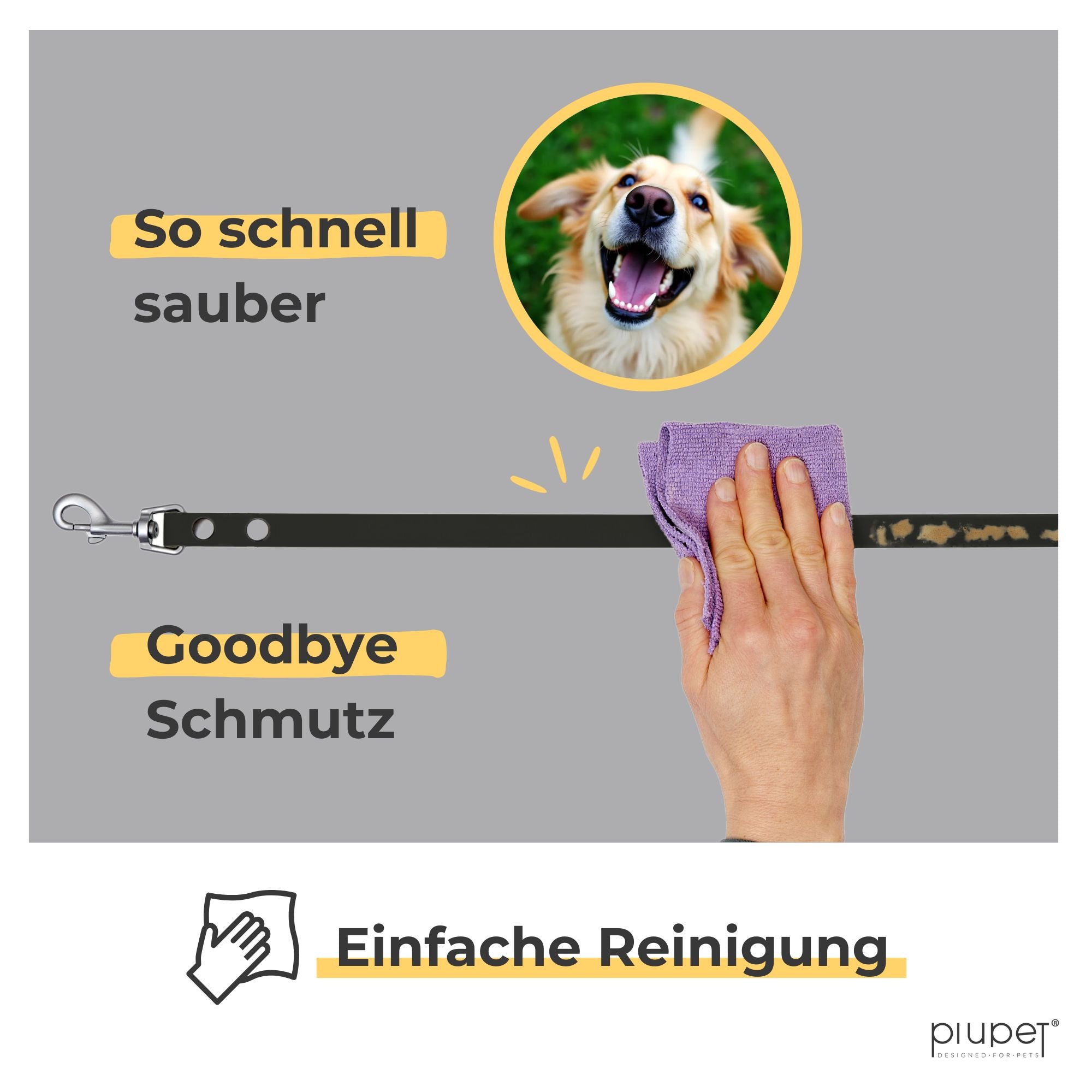 Eine Hand wischt mit einem Tuch die Schleppleine sauber. Oben ist ein fröhlicher Hundekopf zu sehen.