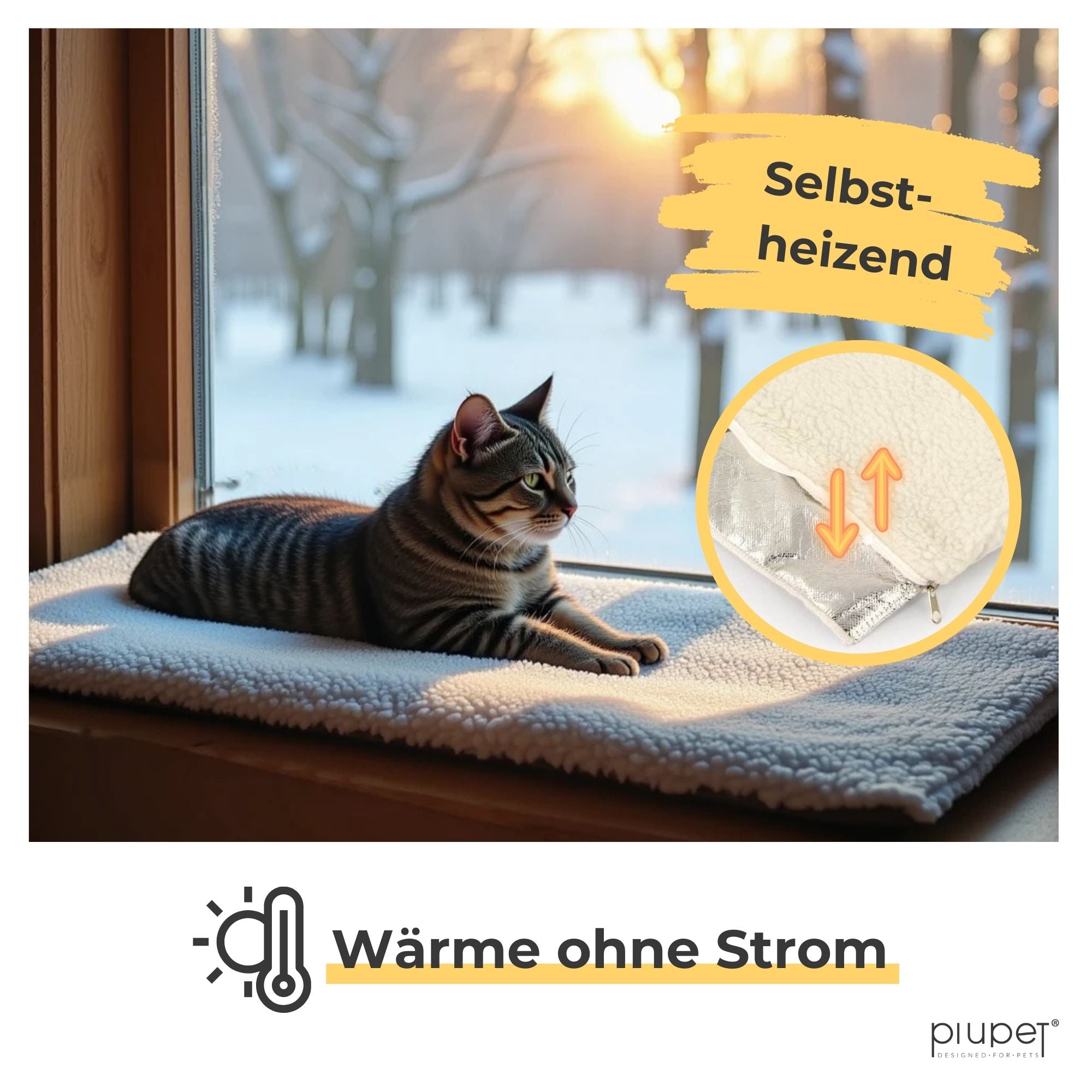 Katze liegt entspannt auf einer selbstheizenden Fensterbankdecke – wärmt ohne Strom für gemütliche Wintertage