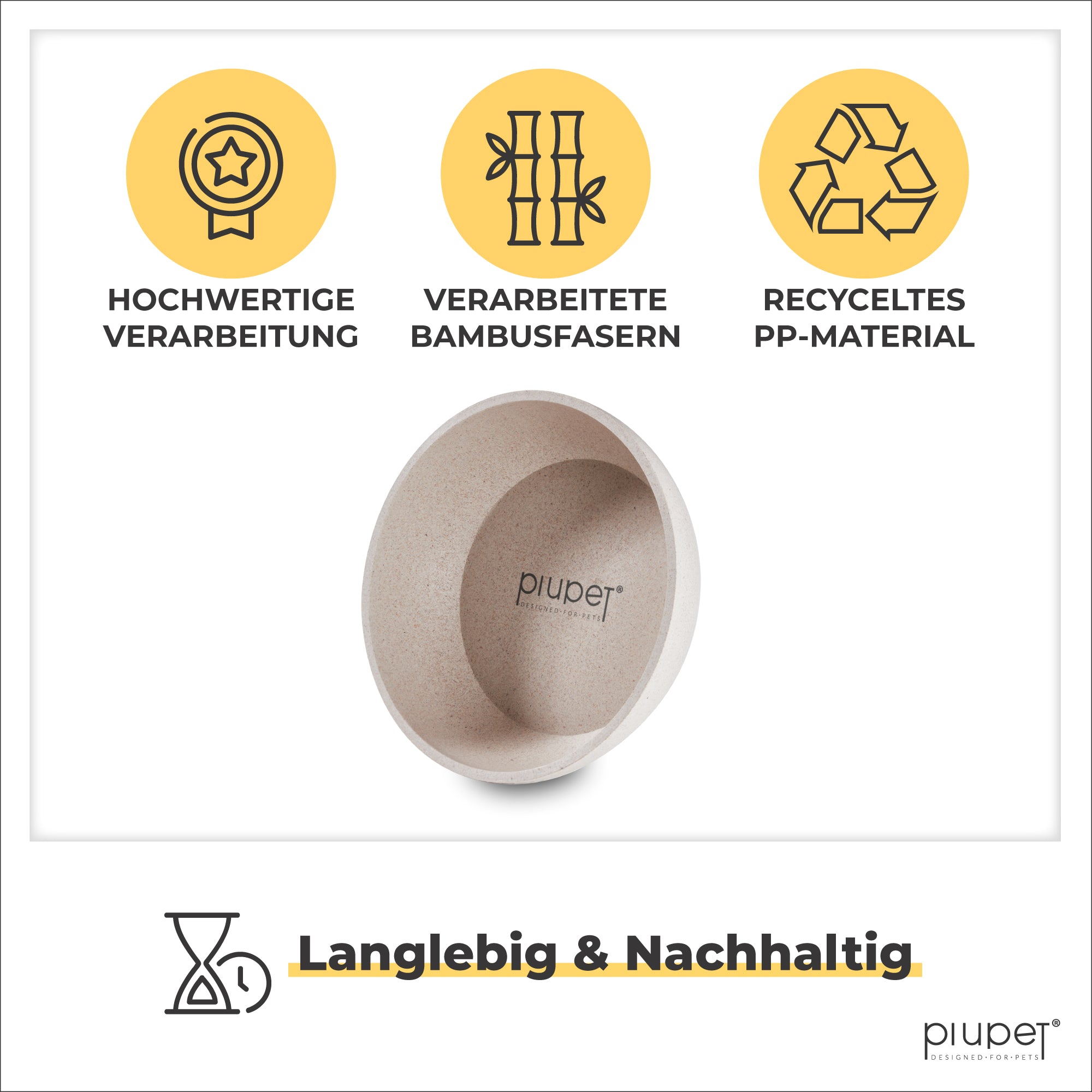 Beiger Hundenapf aus Bambusfasern und recyceltem Kunststoff. Darüber Symbole für hochwertige Verarbeitung, Bambusfasern und recyceltes PP-Material. Text darunter: Langlebig & Nachhaltig.