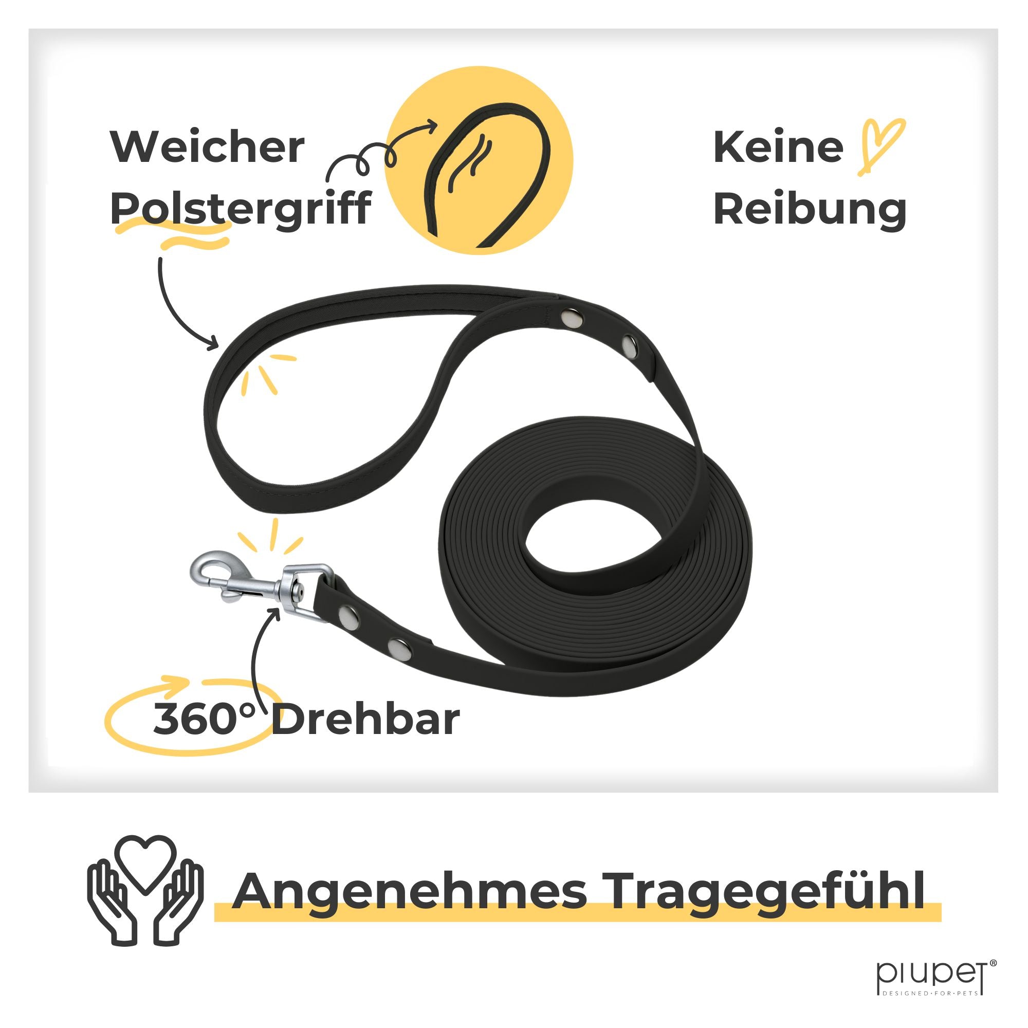 Schwarze Schleppleine mit Polstergriff und drehbarem Karabiner.