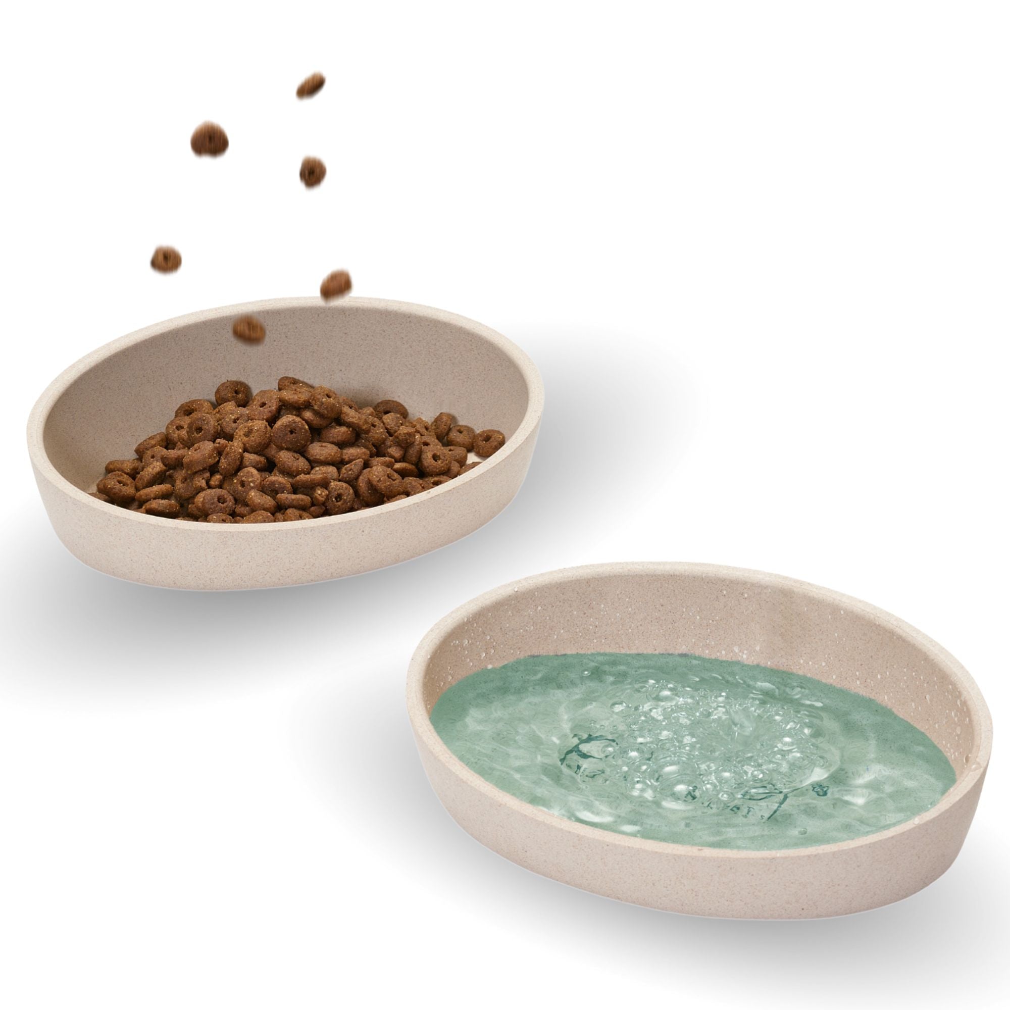 Ergonomische Katzennäpfe mit abgeschrägter, geneigter Form in Beige – Set aus Futternapf und Wassernapf