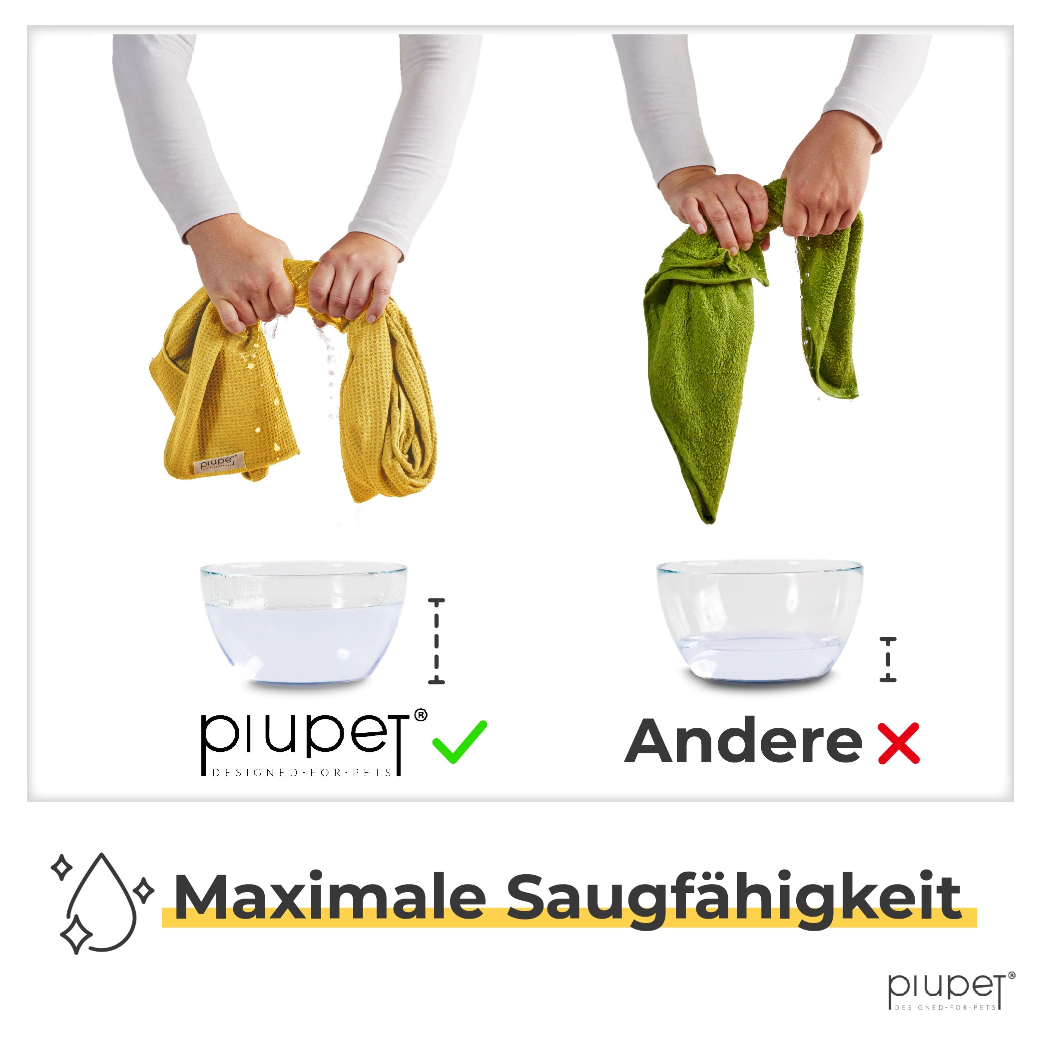Vergleichstest: Das Piupet Handtuch nimmt deutlich mehr Wasser auf als ein herkömmliches Baumwollhandtuch – maximale Saugfähigkeit für Hunde