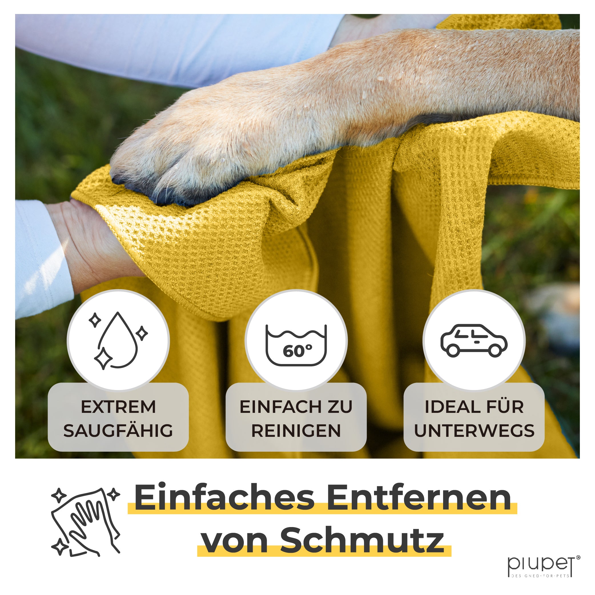 Anwendung des Mikrofaser-Handtuchs: Hundepfote wird von Schmutz befreit, extrem saugfähig, bei 60° waschbar, ideal für unterwegs
