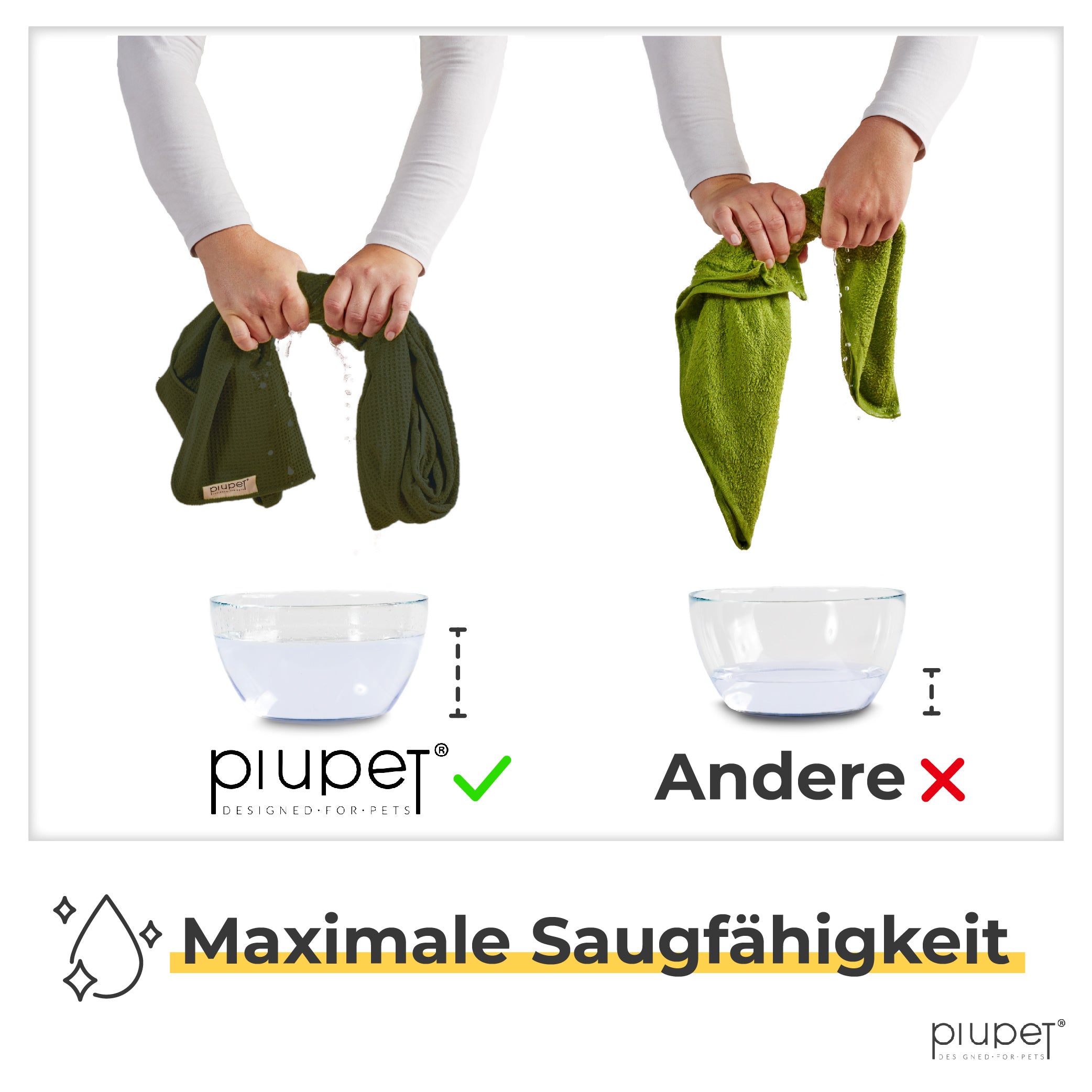 Vergleichstest: Das Piupet Handtuch nimmt deutlich mehr Wasser auf als ein herkömmliches Baumwollhandtuch – maximale Saugfähigkeit für Hunde