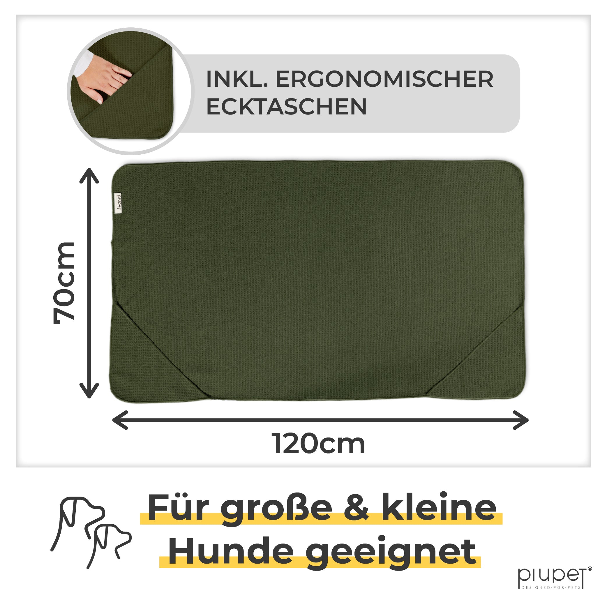Handtuch hat die Maße 120x70cm und ergonomische Ecktaschen