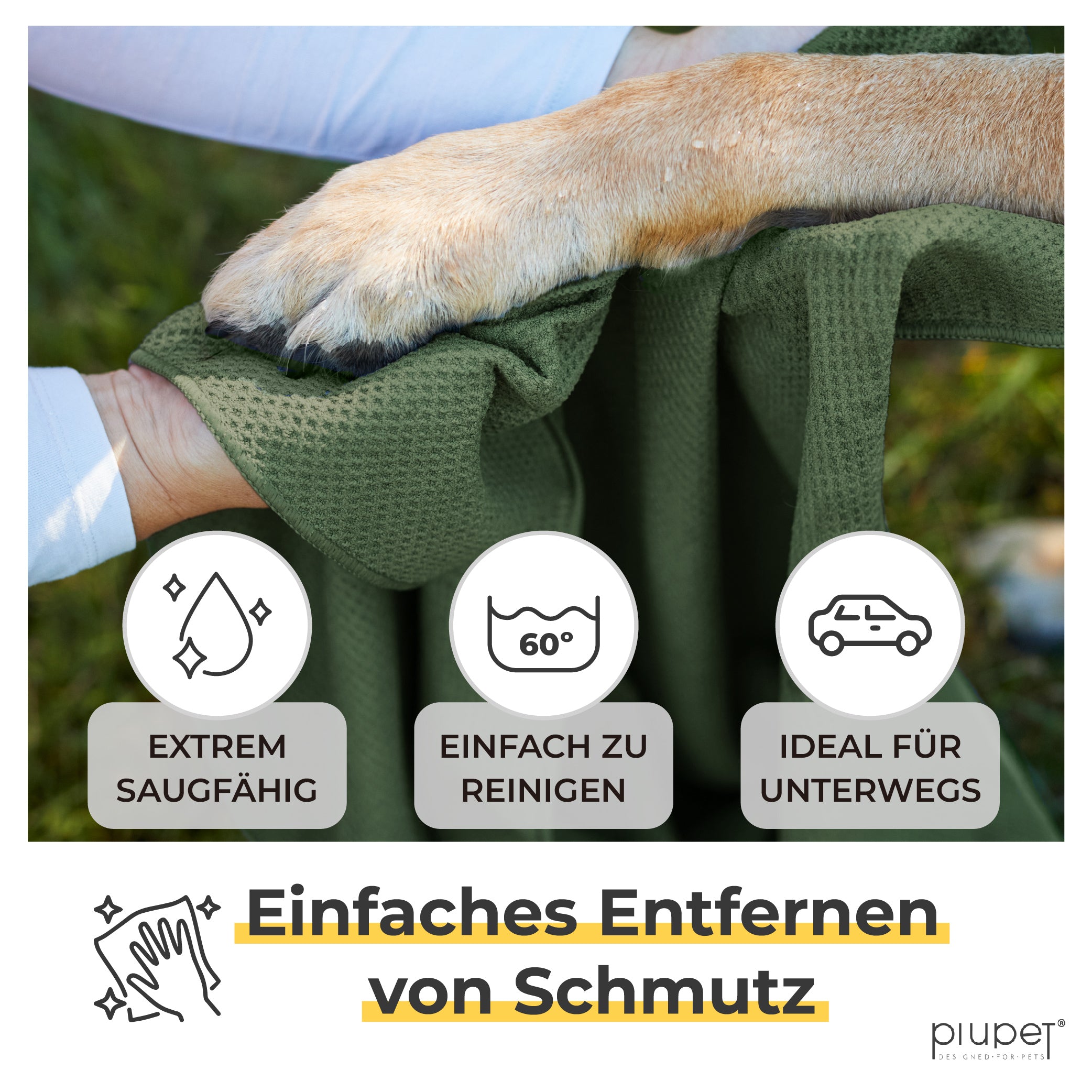 Anwendung des Mikrofaser-Handtuchs: Hundepfote wird von Schmutz befreit, extrem saugfähig, bei 60° waschbar, ideal für unterwegs