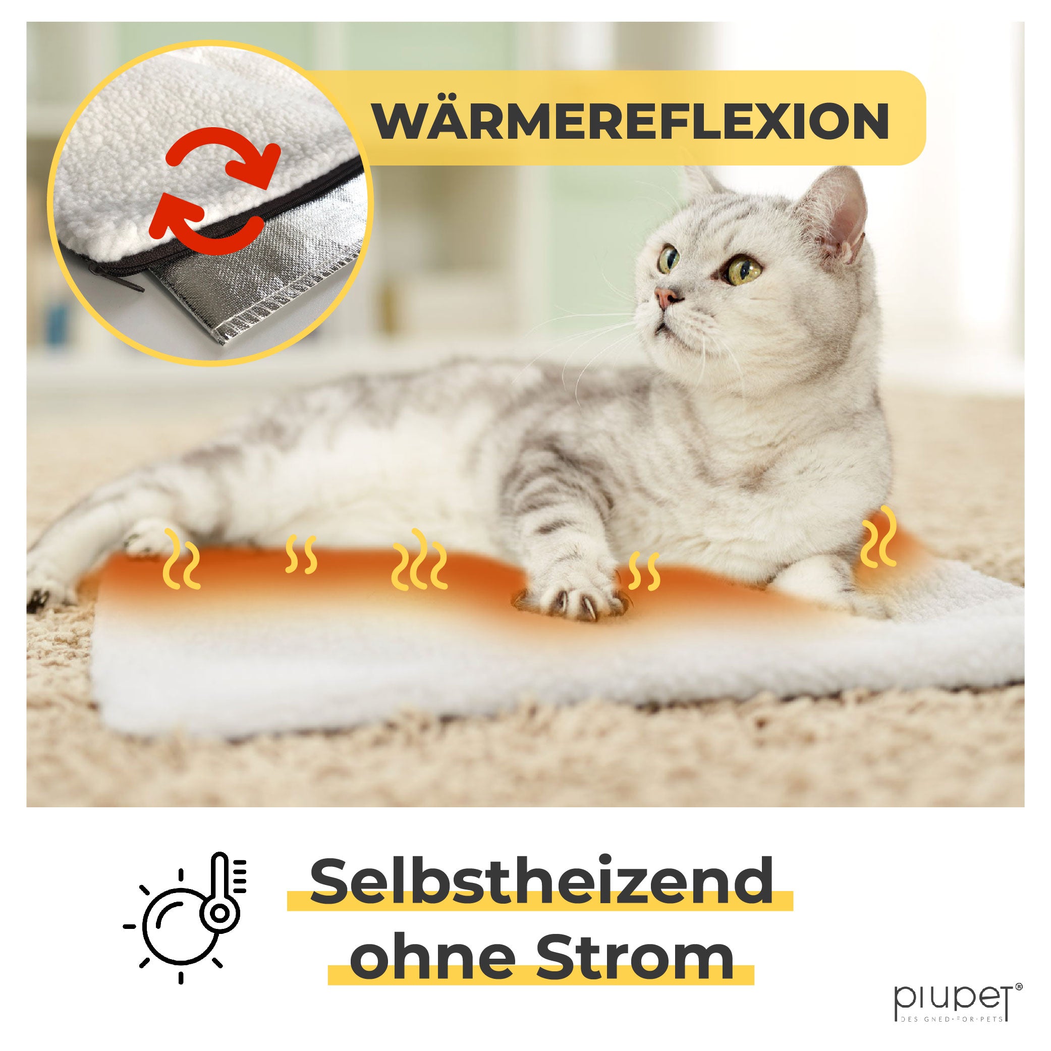 Graue Katze liegt auf einer weißen selbstheizenden Matte mit Wärmereflexion.