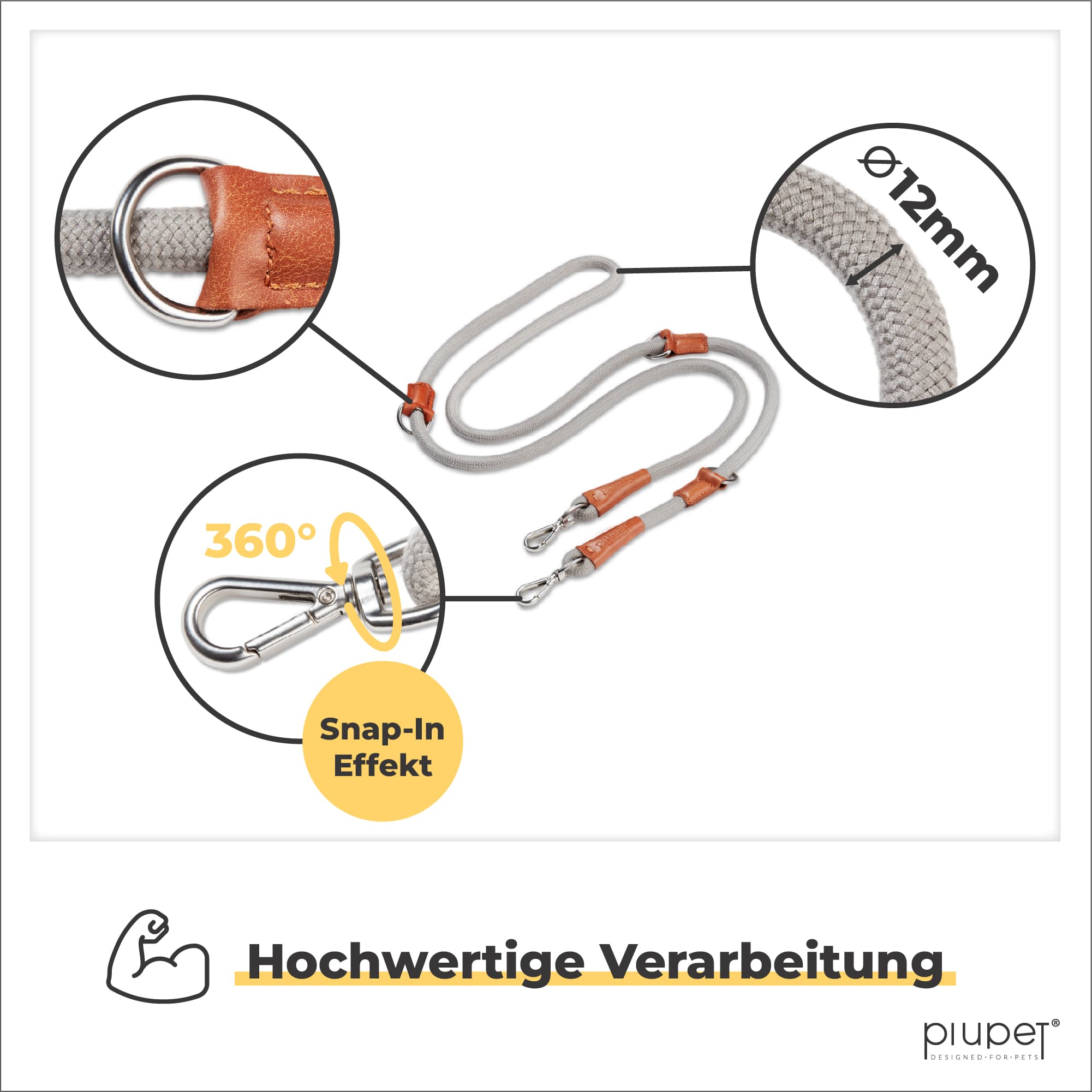 Graue Hundeleine aus 12mm starkem Tau mit Lederverstärkungen und 360° drehbarem Snap-In Karabiner