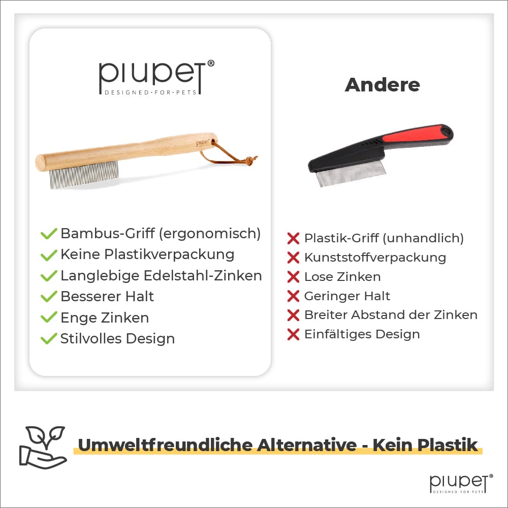 Piupet Bürste mit Bambusgriff und Edelstahl-Zinken im Vergleich zu herkömmlicher Plastikbürste, Vorteile: ergonomisch, langlebig, plastikfrei, stilvolles Design