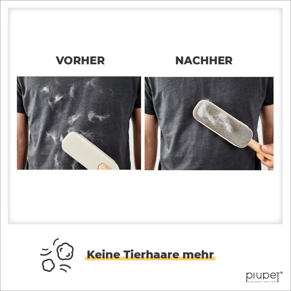 Vorher-Nachher Vergleich nach Anwendung des Haarentferners. Vorher ist die Kleidung voll mit Haaren, danach ist sie ohne Haare