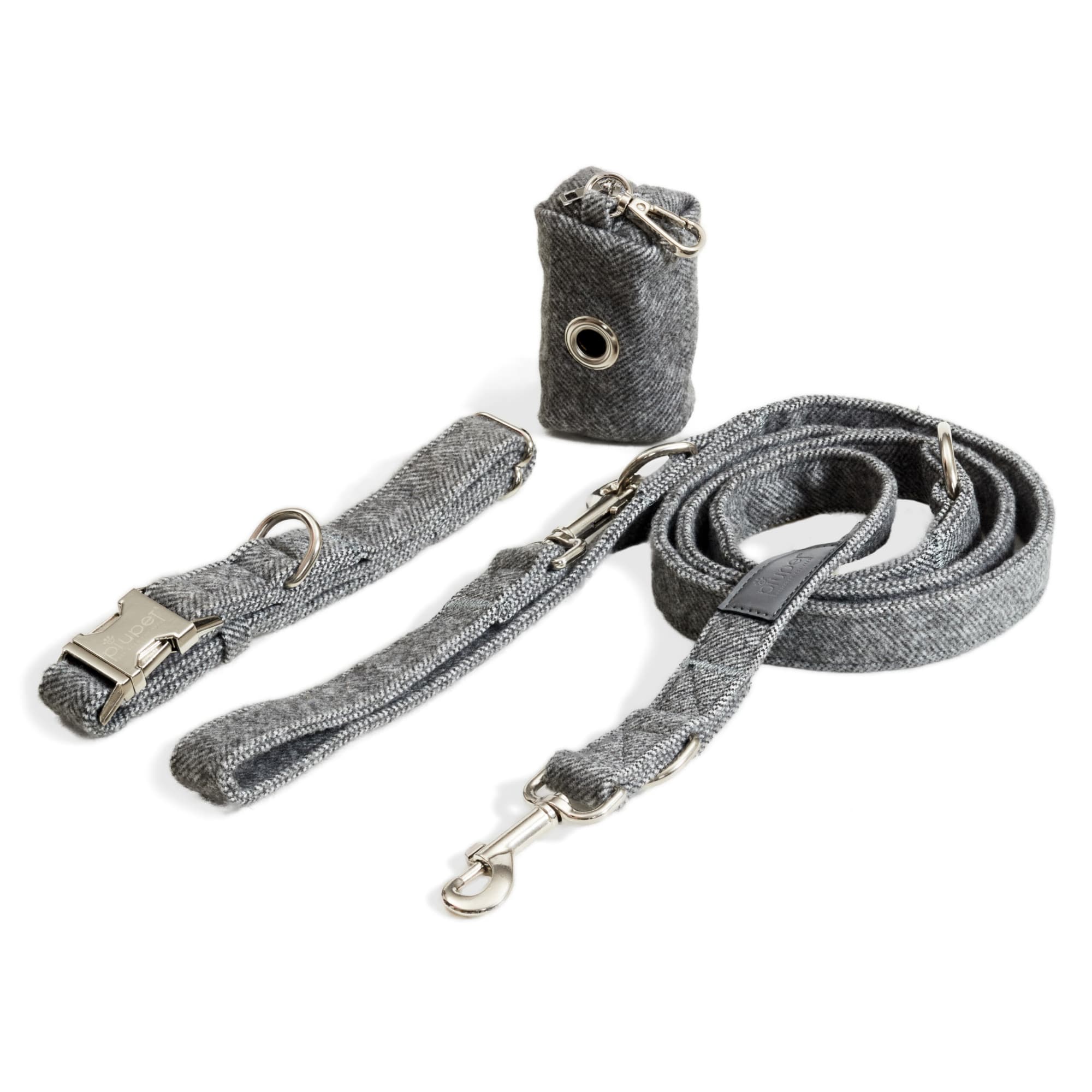 Set aus Hundeleine, Hundehalsband und Kotbeutel in grauem Stoff