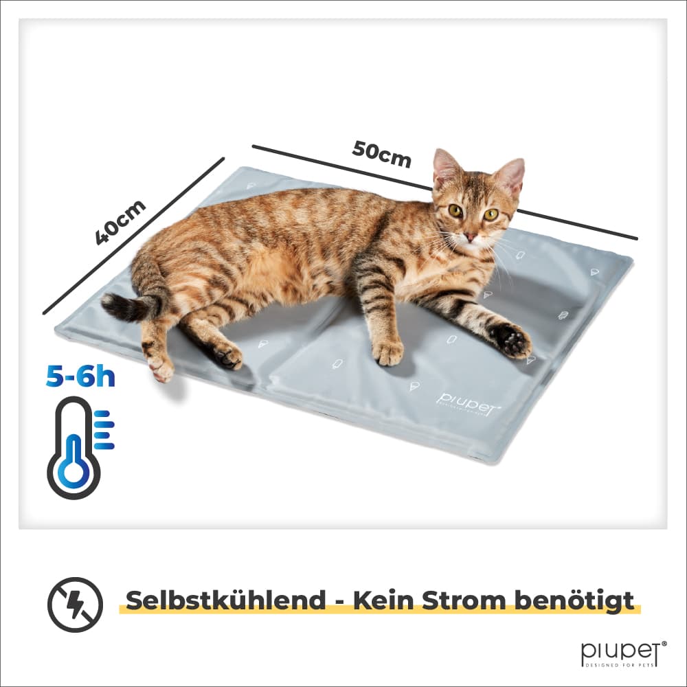Die Kühlmatte ist 50cm x 40cm groß und kühlt 5-6h ganz ohne Strom