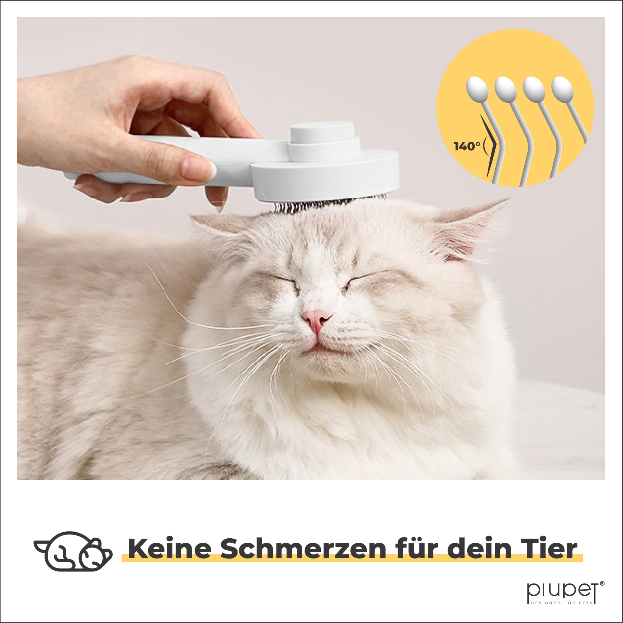 Katze wird mit Tierbürste gekämmt. Borsten biegen sich um 140 Grad.