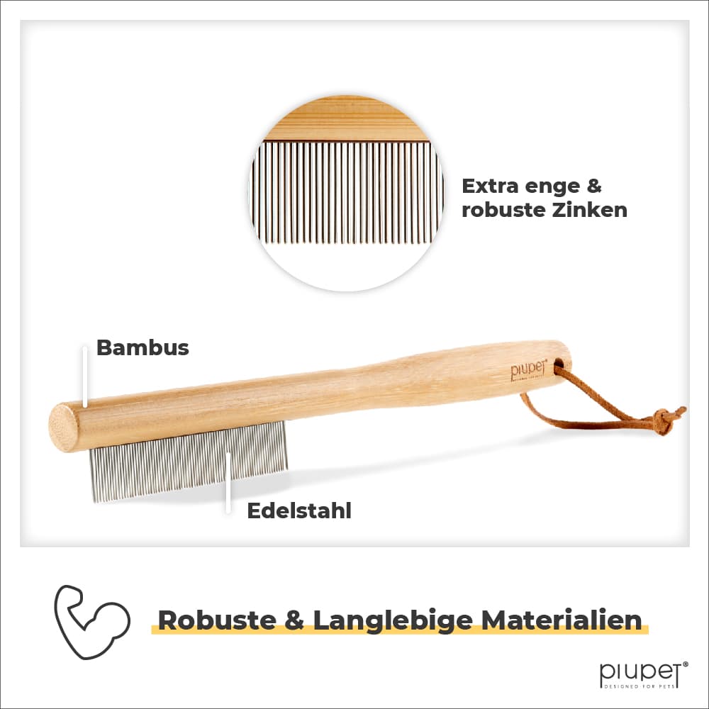 Flohkamm besteht aus Bambus und Edelstahl. Zinken sind extra eng und robust