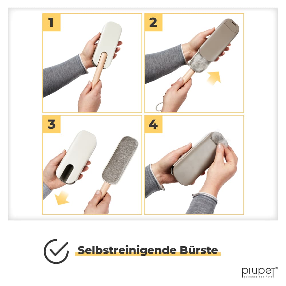 Vier Schritte zeigen die Anwendung der Piupet Selbstreinigenden Bürste: Hülle öffnen, Bürste reinigen, Haare im Behälter sammeln, einfache Entsorgung