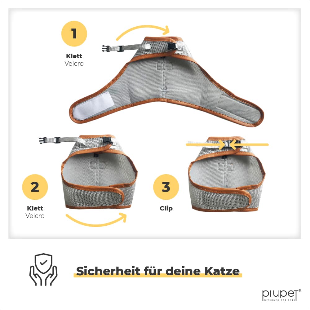 Katzengeschirr mit extra Sicherheit für die Katze: 2x Klett 1x Clip